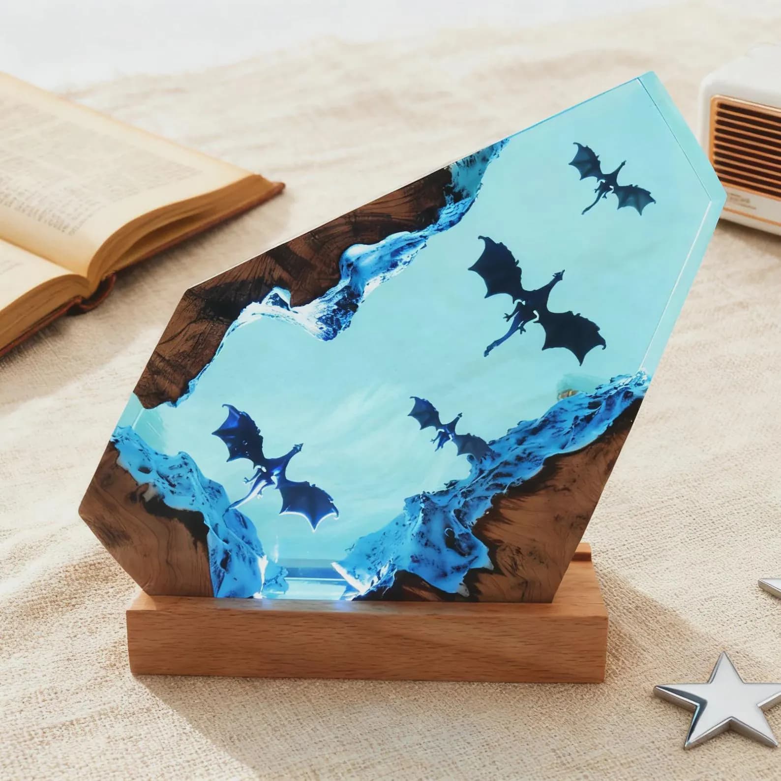 Fire Dargon Ice Dragon Epoxy Resin Night Light,Handmade Wood Resin Table Lamp,Personalized Resin Lamp, Birthday Gifts,Christmas Custom Gifts 12
