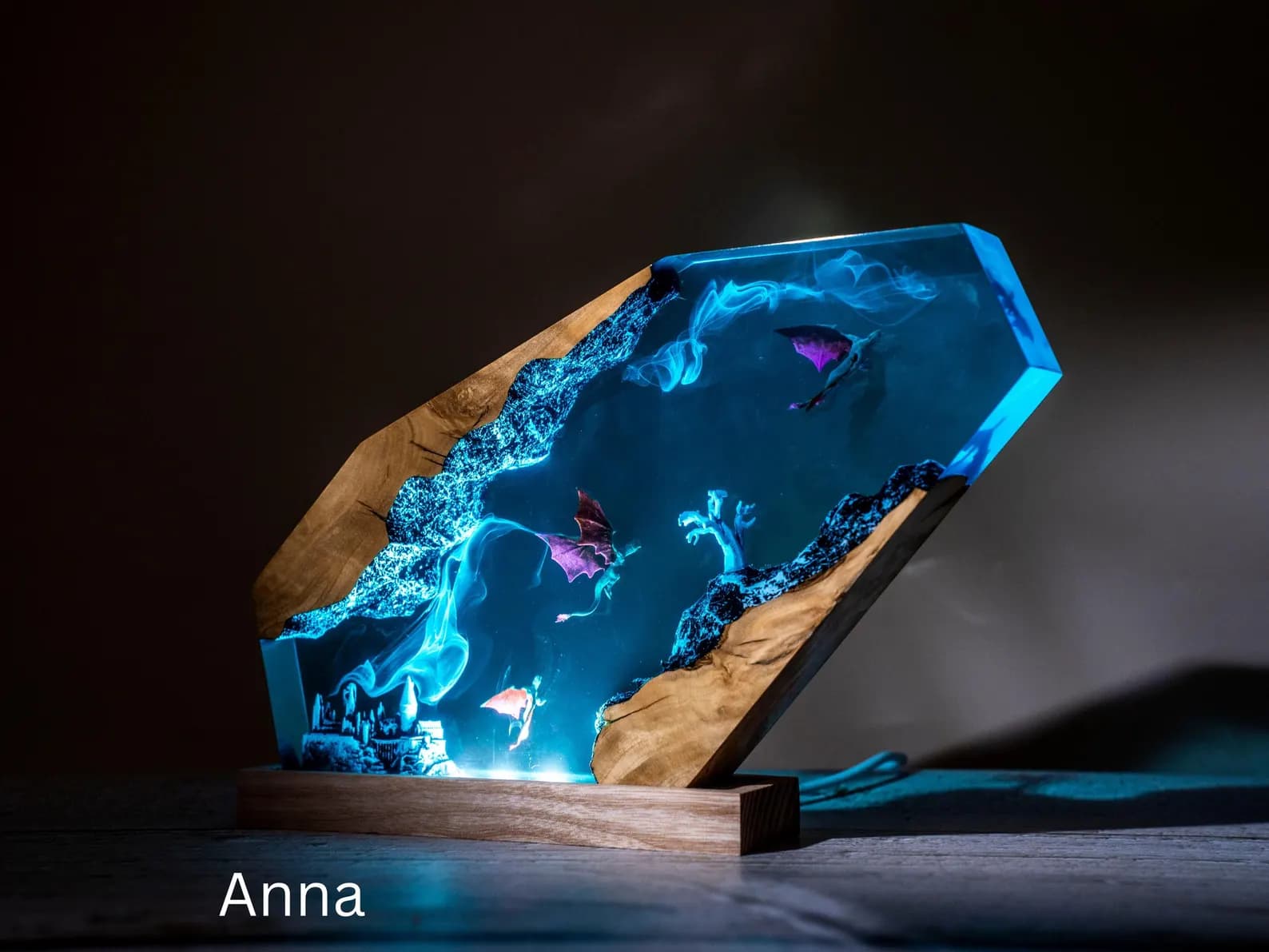 Dragon Resin Night Light: RGB LED Lamp, Wood Base 3