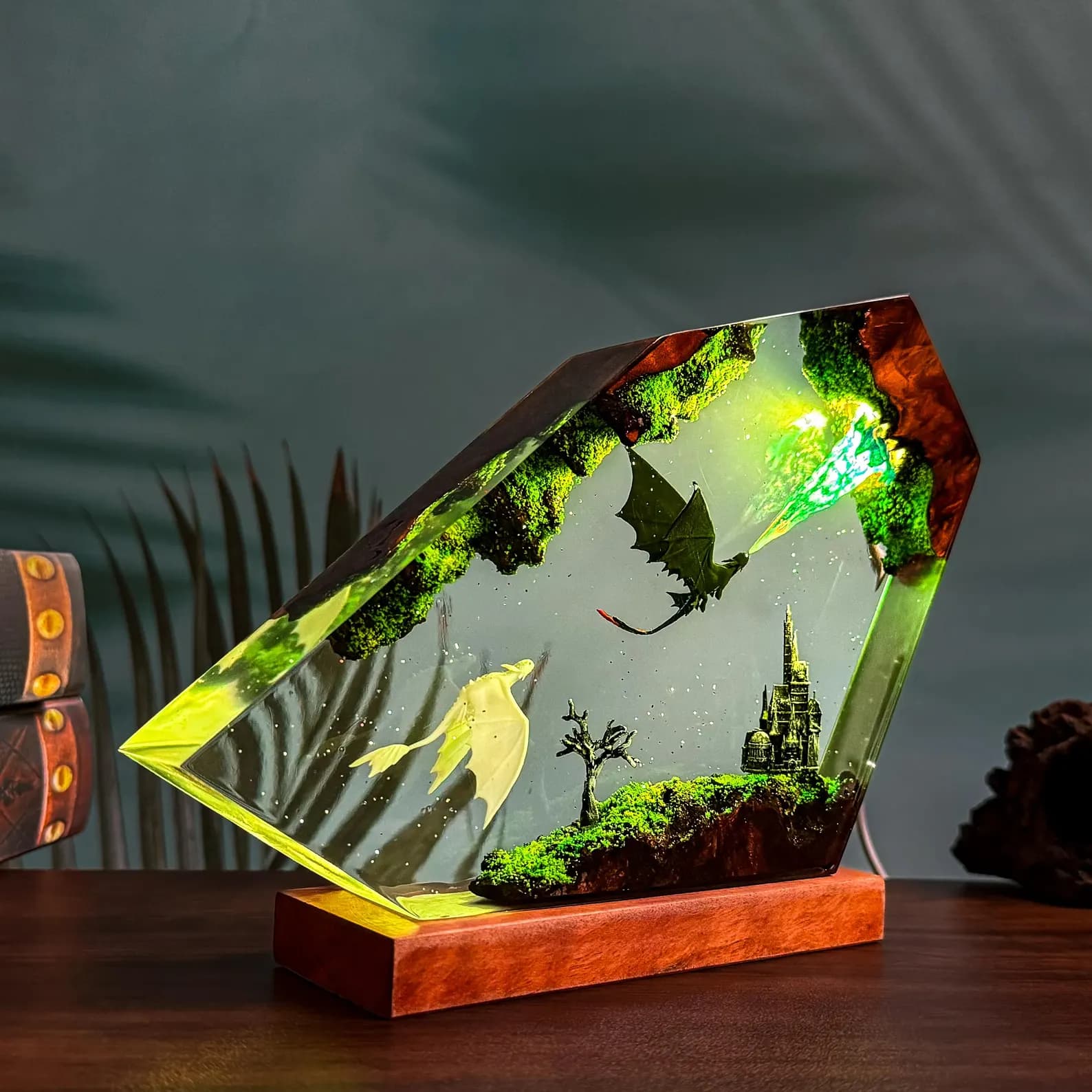 Dragon Battle Resin Lamp – Ice vs Dark Dragon LED Diorama – Fantasy Castle Scene Handmade Gift 3