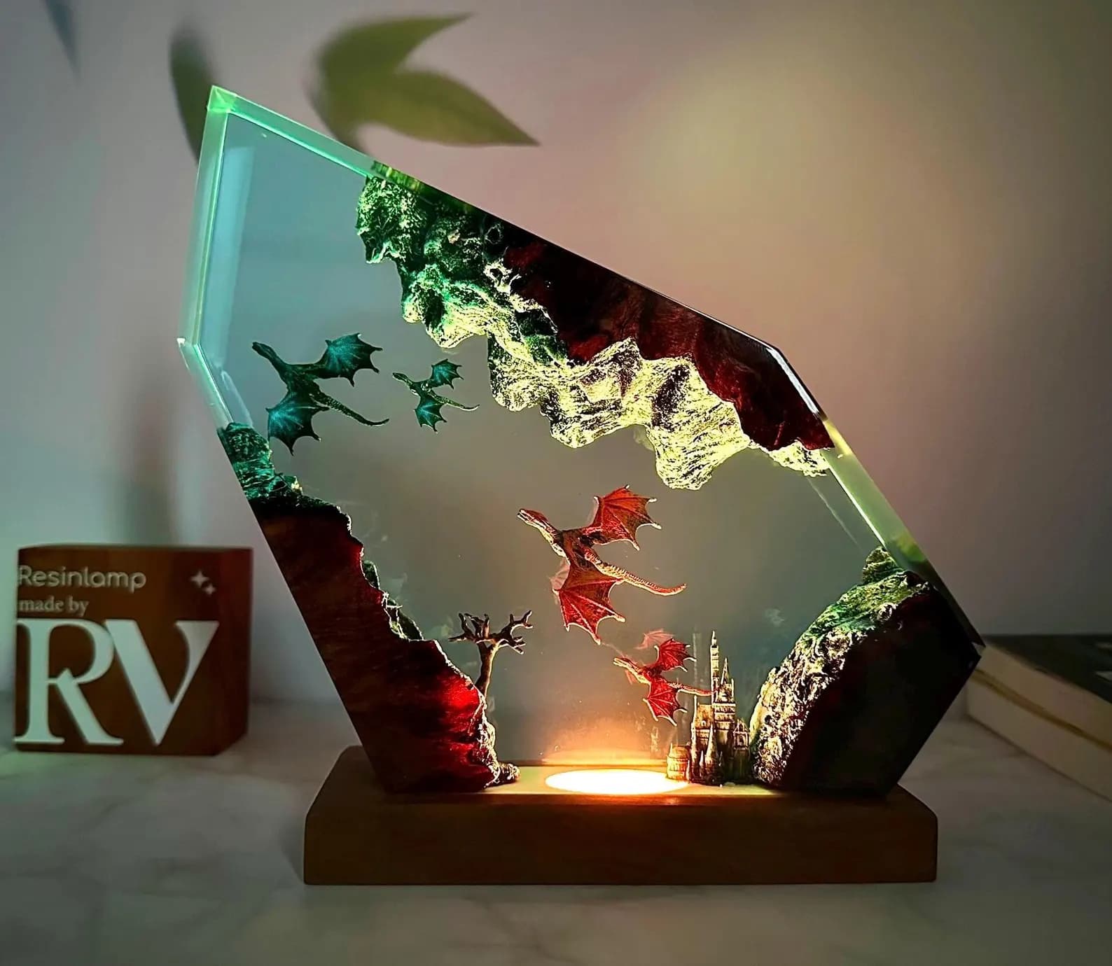 Handmade Fire and Ice Dragon Lamp: 3D Resin Wood Home Decor, Lighting Home Decor, Valentines Day gift, Christmas gift, Fantasy Decor 1