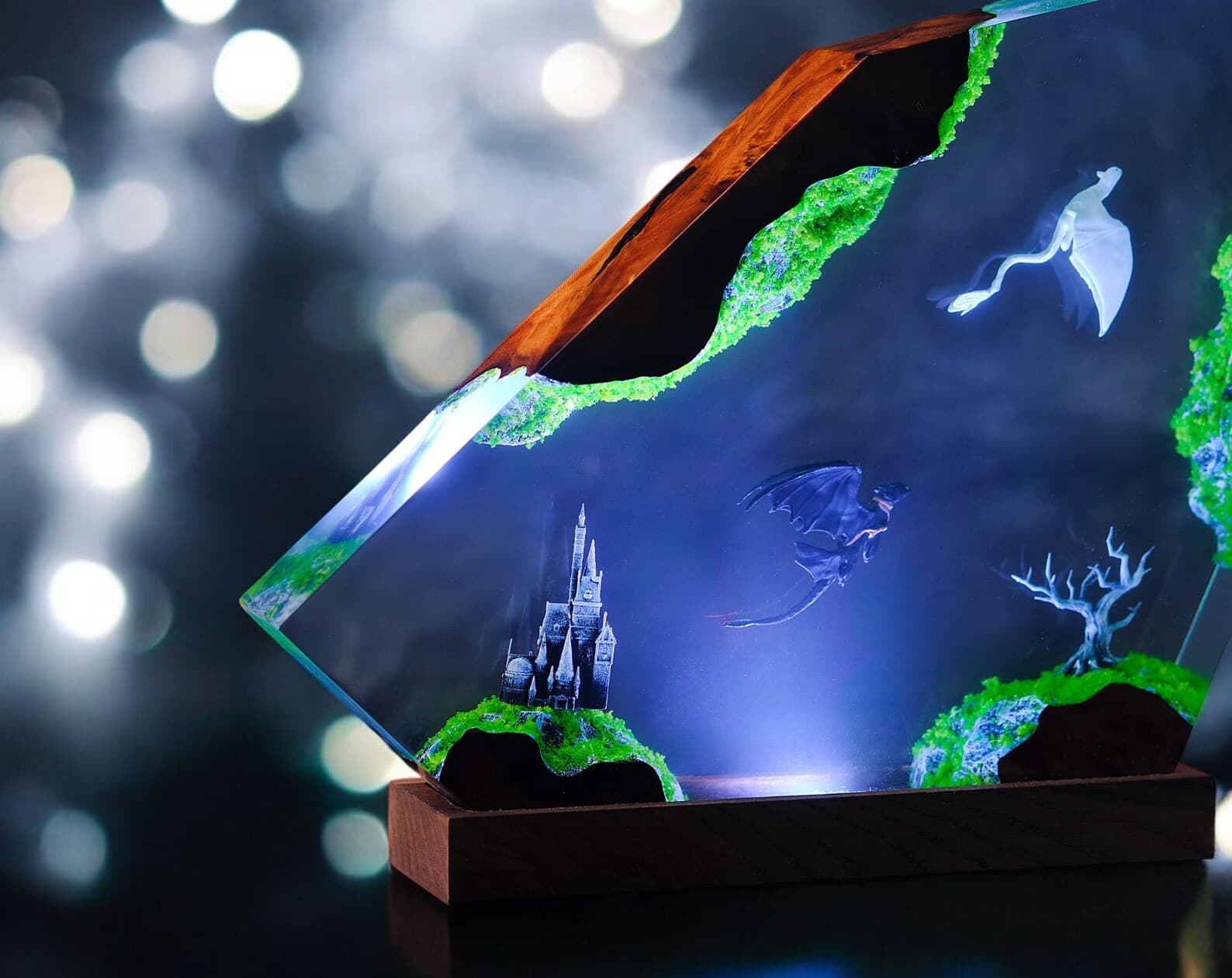 handmade dragon resin lamp, epoxy wood night light, fantasy bedroom decor, custom resin lamp gift, unique collectible lamp for dragon fans 7