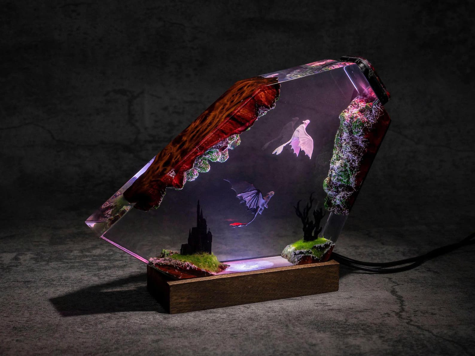 Fantasy Dragon Resin Lamp – Handmade LED Light with Flying Dragons and Castle Scene 7