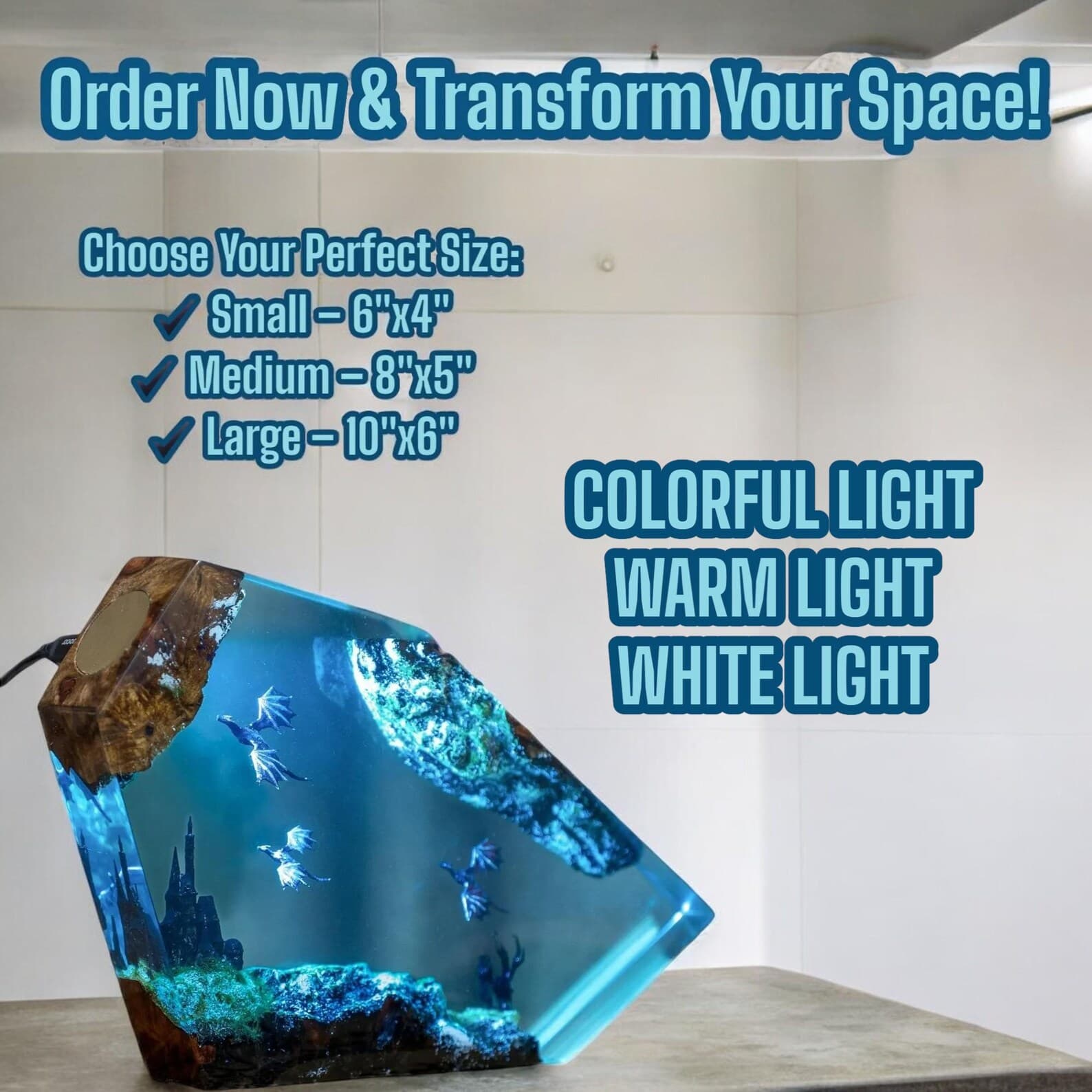 Handmade Dragon Lamp: 3D Resin Wood Fantasy Table Light 11