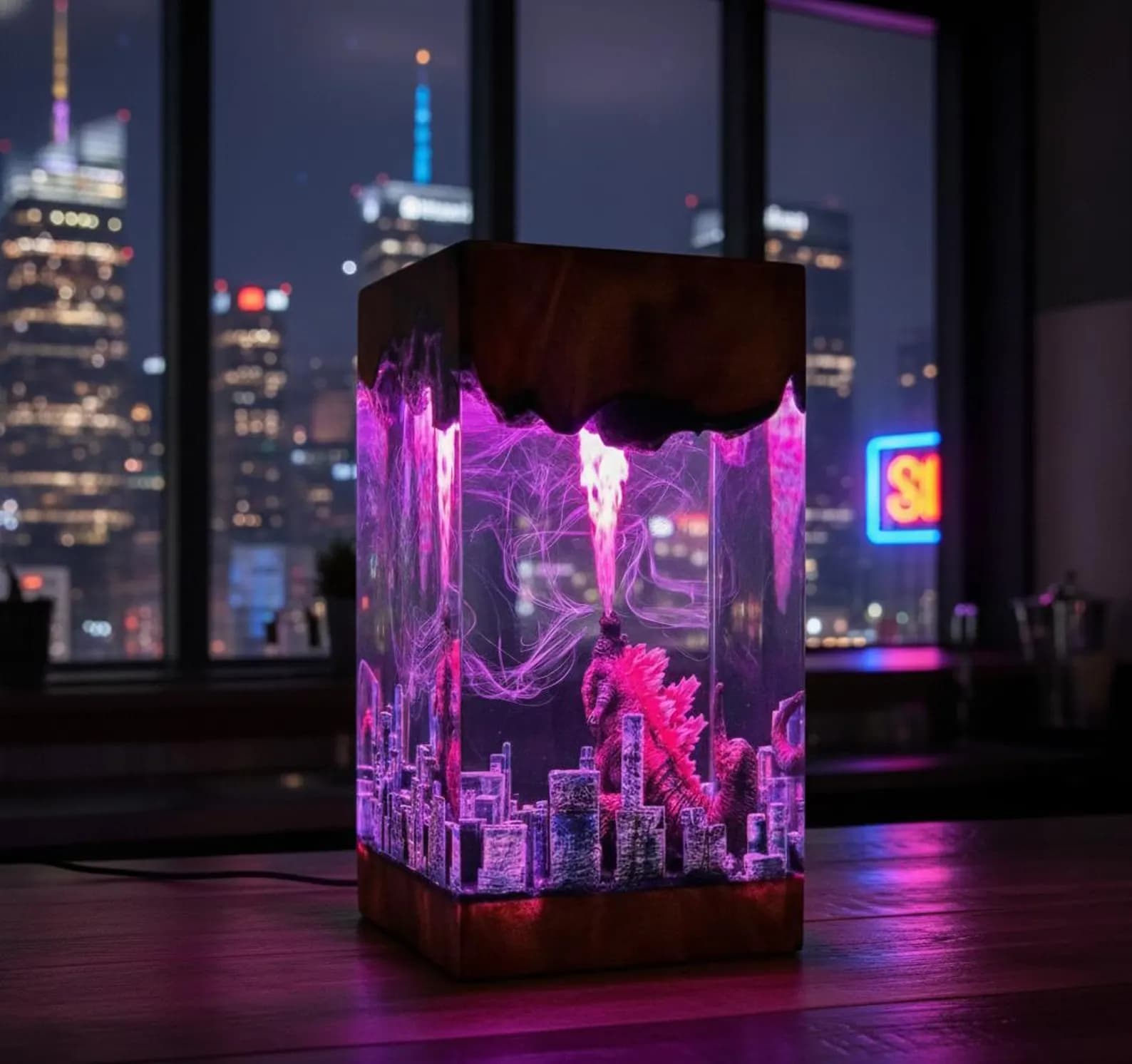 Godzilla Resin Lamp: Handmade Monster Night Light, Epoxy Wood Decoration 7