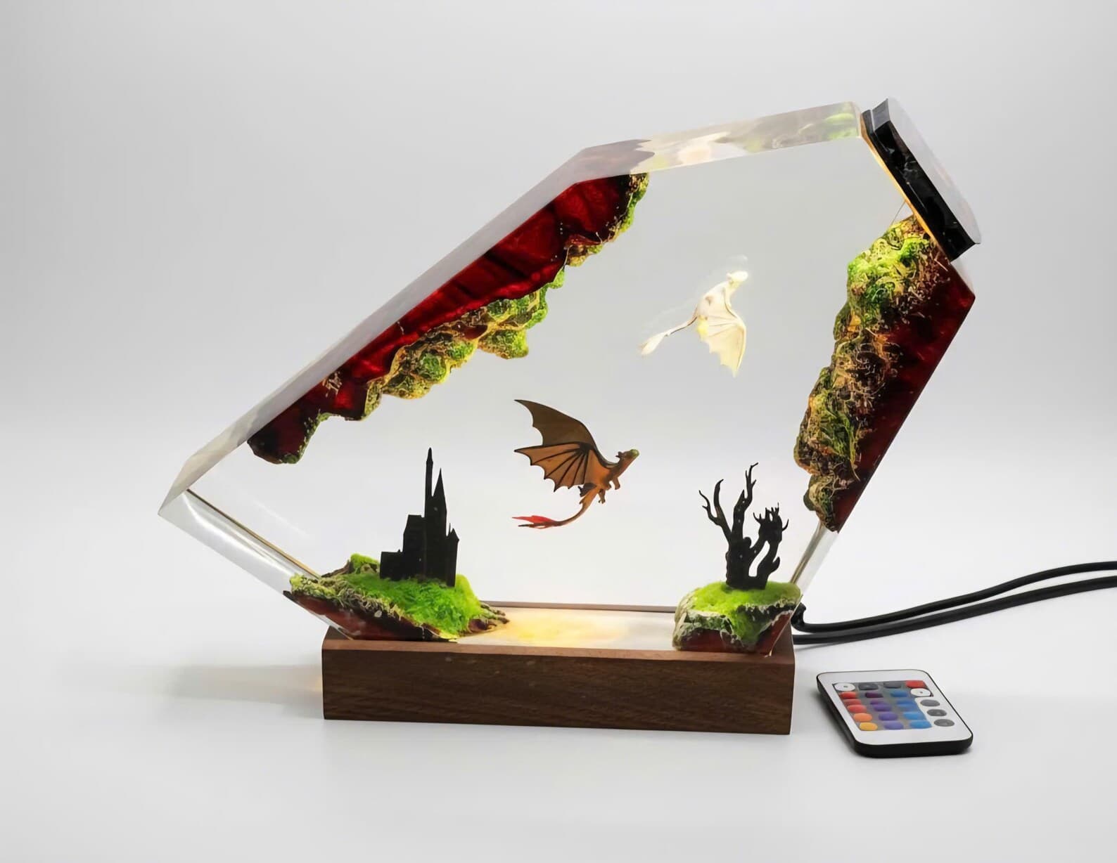 Fantasy Dragon Resin Lamp – Handmade LED Light with Flying Dragons and Castle Scene 9