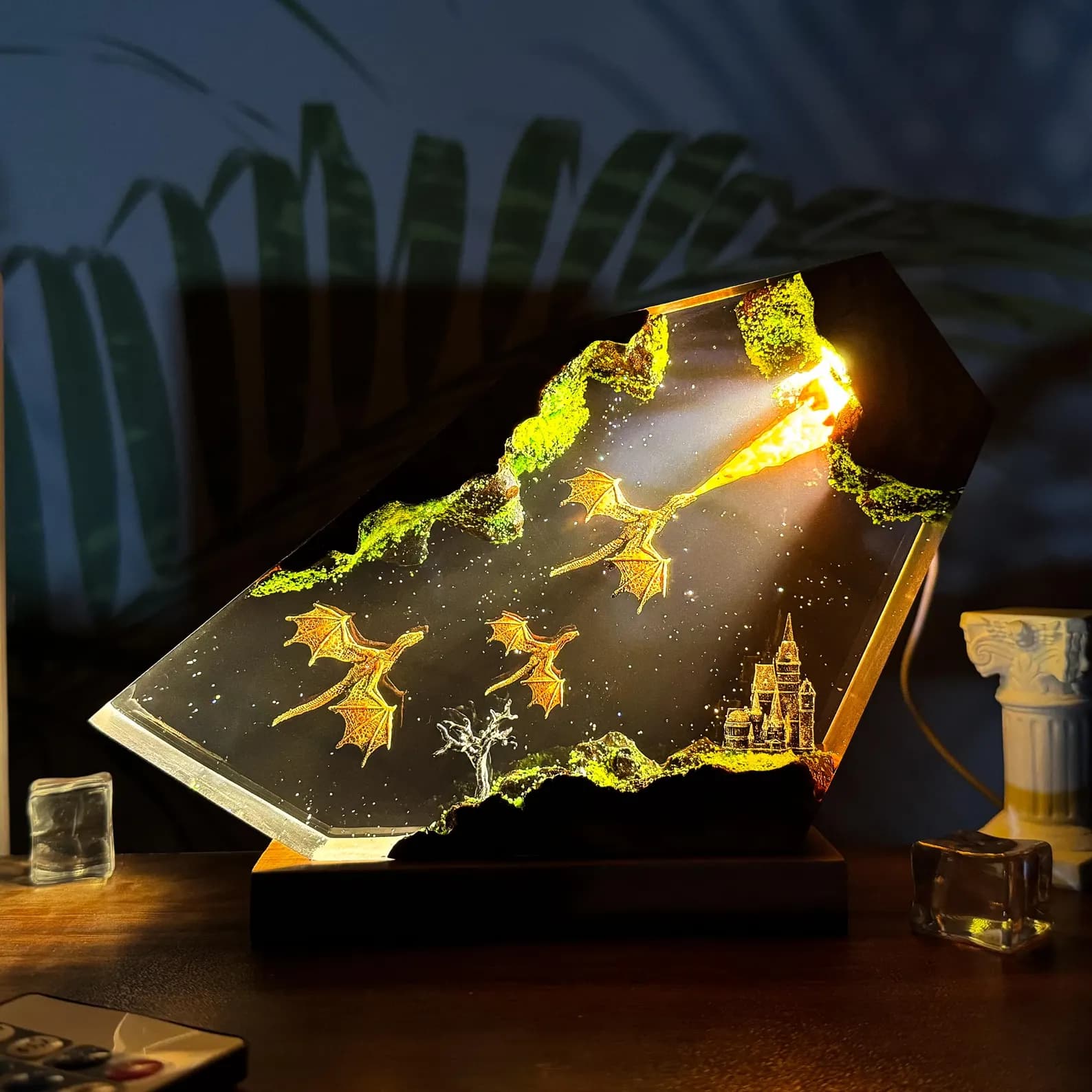 Dragon Fire Resin Lamp • Fantasy Castle LED Light • Flying Dragons Art Sculpture • Handmade Night Light • Unique Fantasy Gift 6