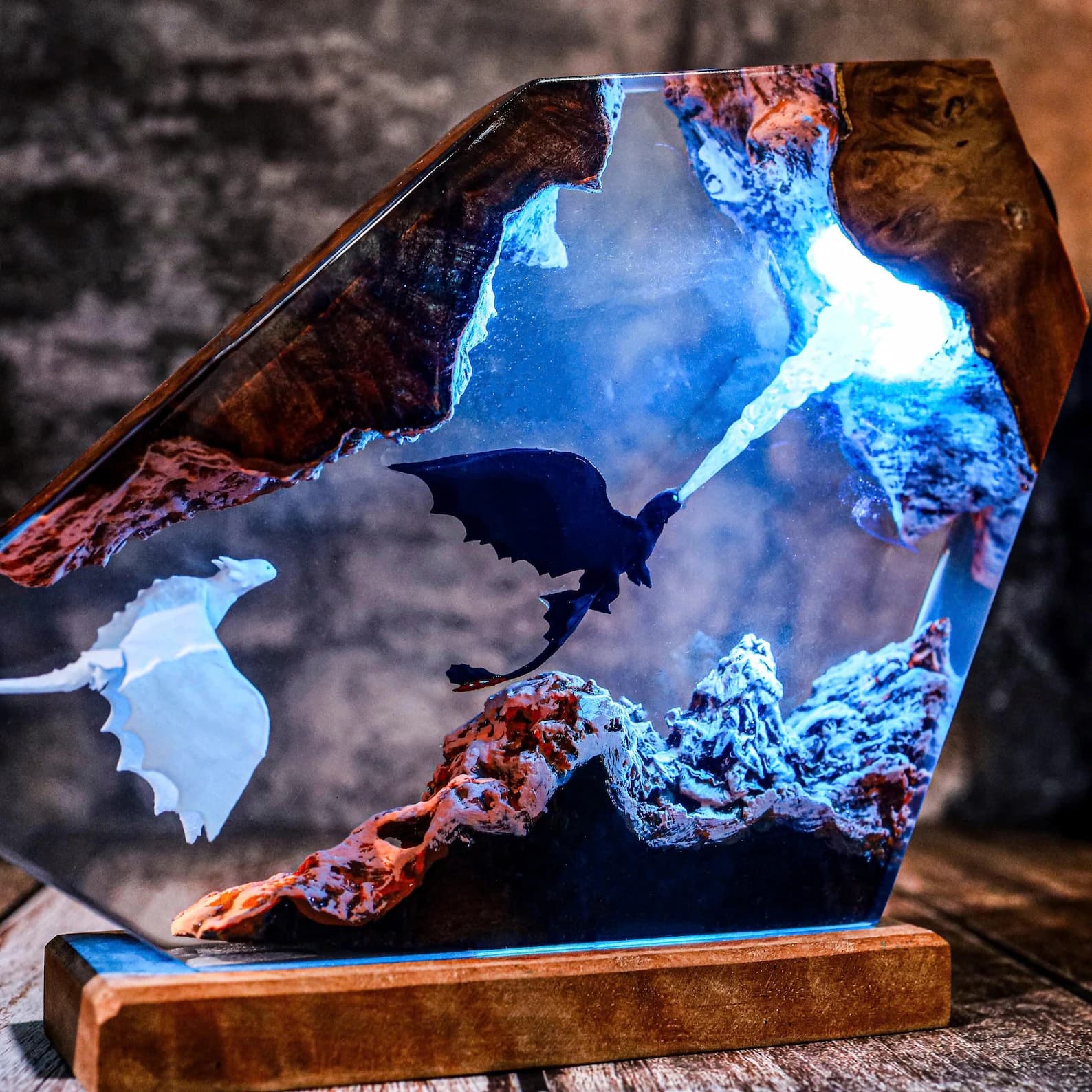 Blaze of the Night | Toothless & Light Fury Fantasy Lamp in Wood Resin epoxy Lamp Breath of the Night Fury Dragon Lamp httyd art 10
