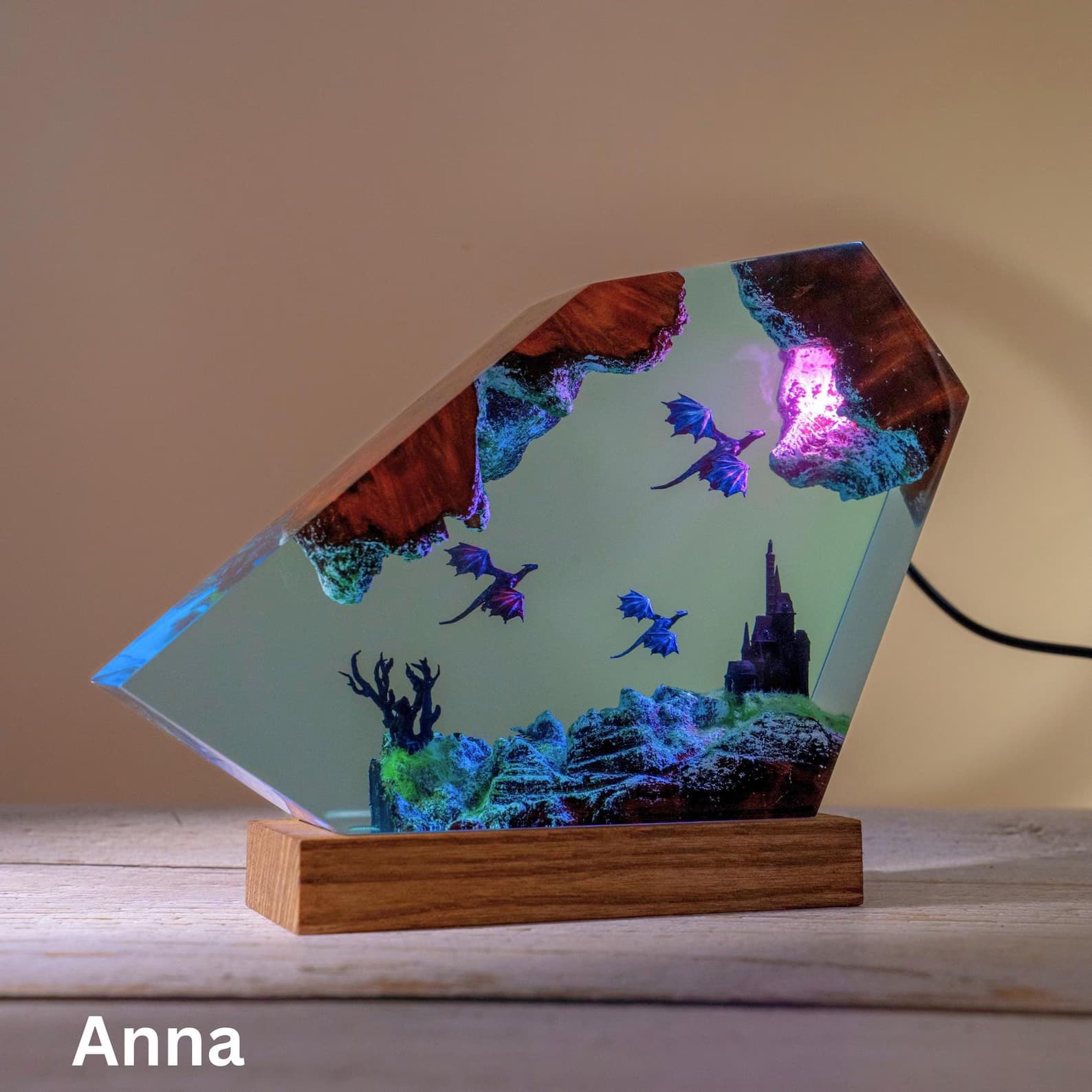 3D Dragon Table Lamp: Wood & Resin RGB LED Lamp 6