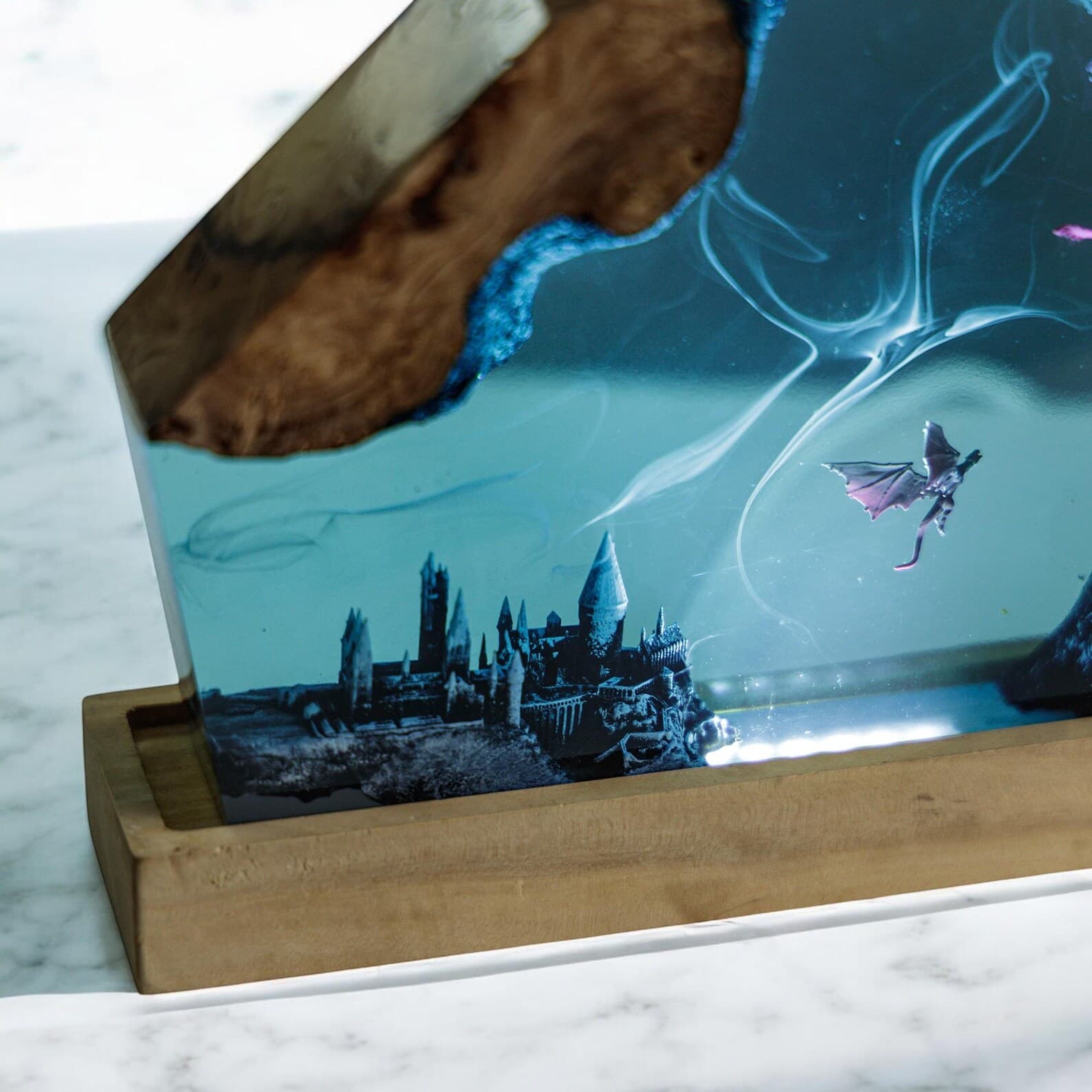 Handmade Dragon Resin Lamp: Asian Decor, Wood Base 2