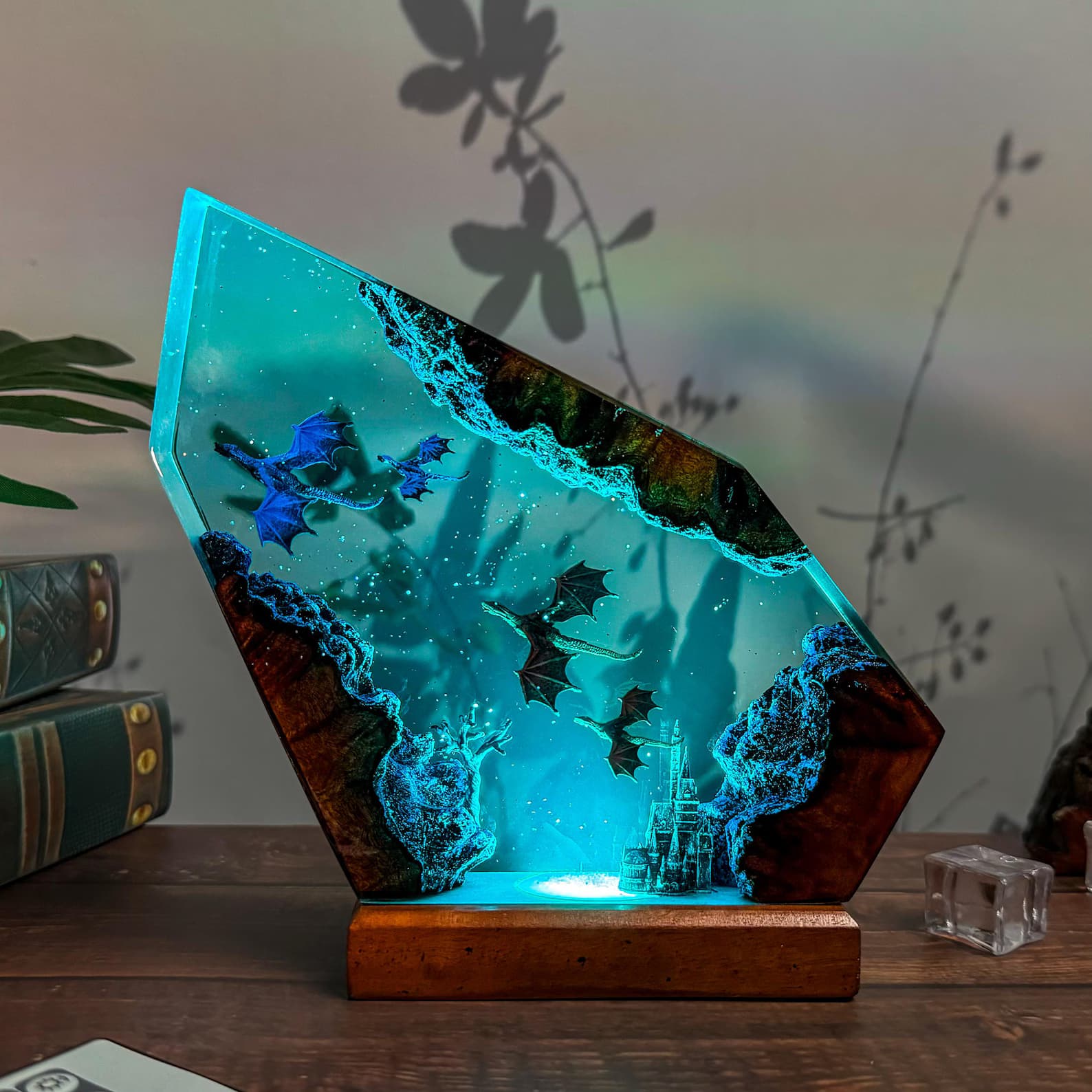 Handmade Fire & Ice Dragon Lamp : 3D Resin Wood Decor , Fantasy LED Light Gift 9