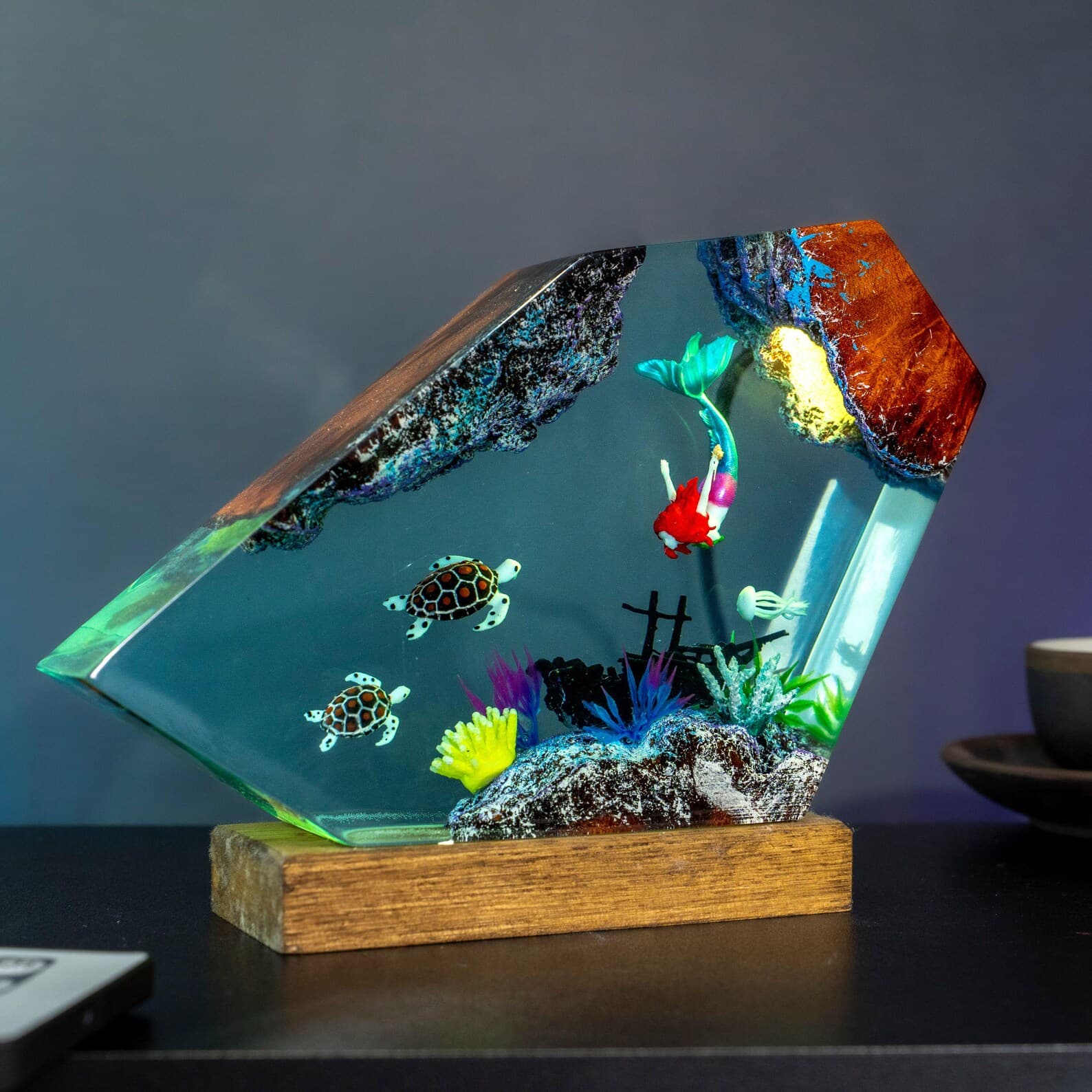Mermaid Resin Lamp with Sea Turtles and Coral, Ocean Night Light Acrylic Art, Handmade Underwater Decor Gift for Kids and Ocean Lovers 9