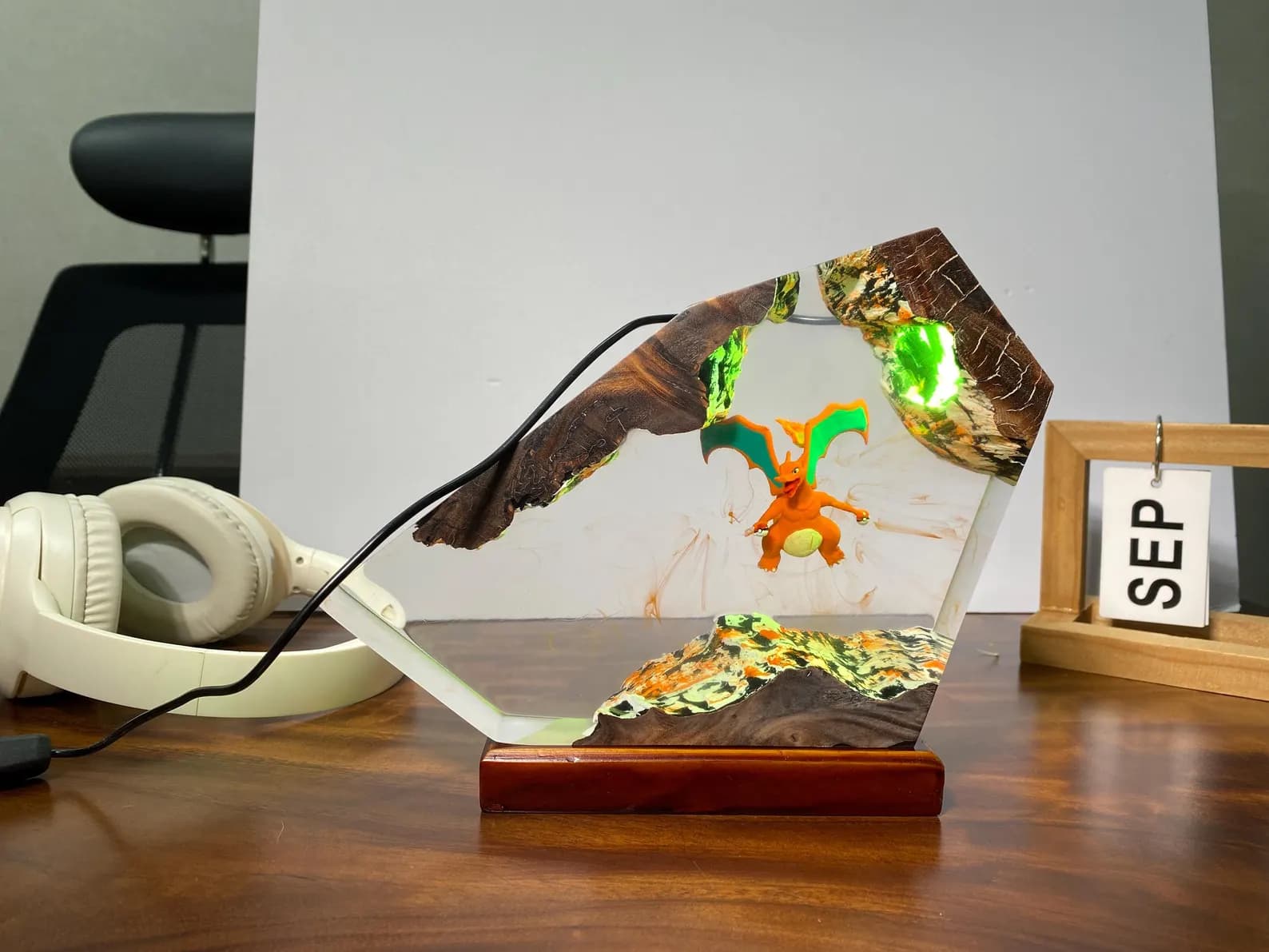 Dragon Charizard Resin Lamp, Epoxy Crystal LED Night Light, Fantasy Cave Diorama Gift For Him, Magical Bedroom Desk Decor, Holiday Gift 5