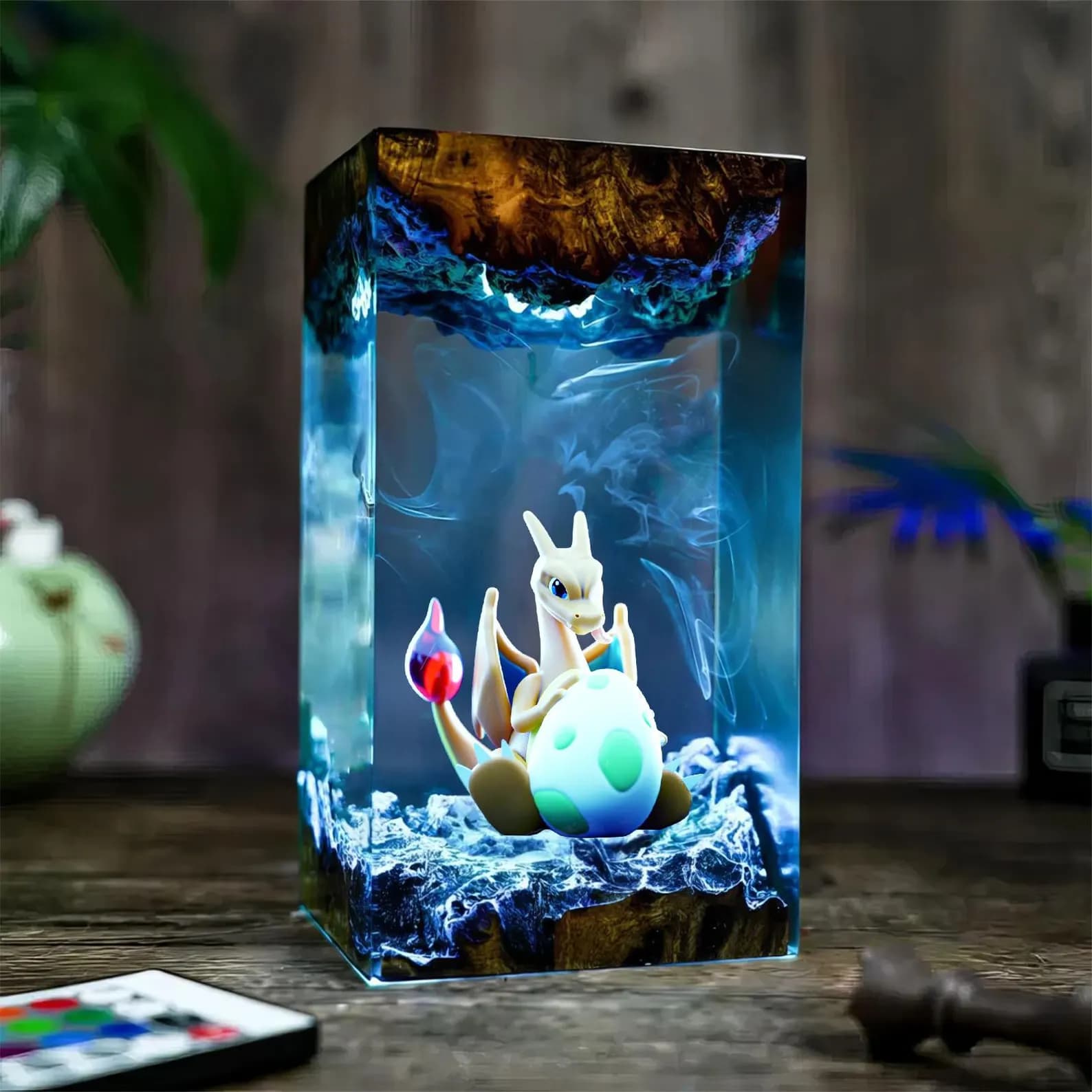 Charizard Resin Lamp, Custom Epoxy Diorama Lamp, Handcrafted Decoration Wood Lamp, Personalized Gift for Decor Home, Gaming Decor 6