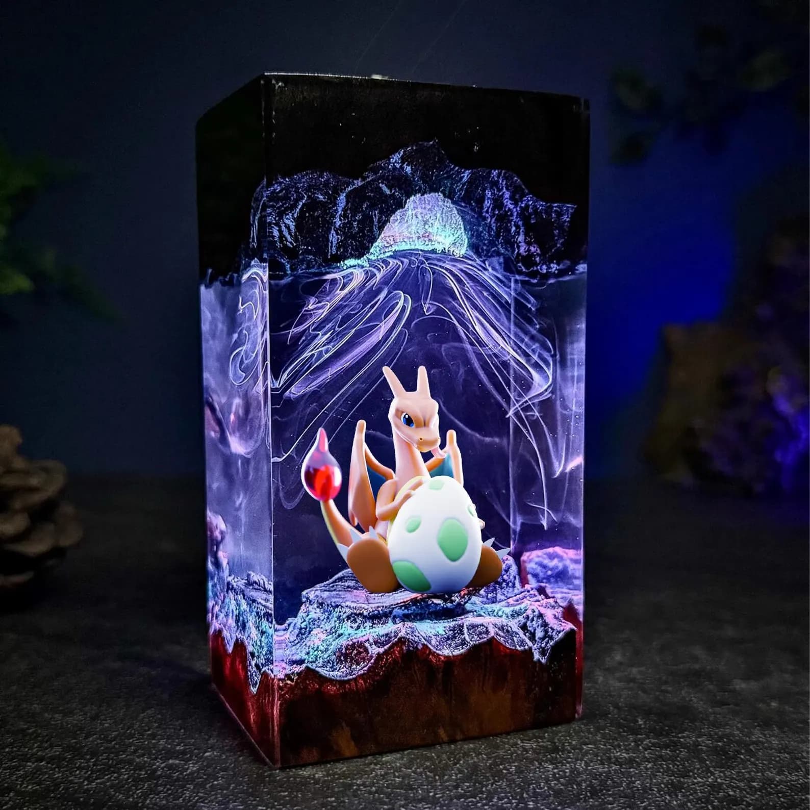 Charizard Resin Lamp, Custom Epoxy Diorama Lamp, Handcrafted Decoration Wood Lamp, Personalized Gift for Decor Home, Gaming Decor 4