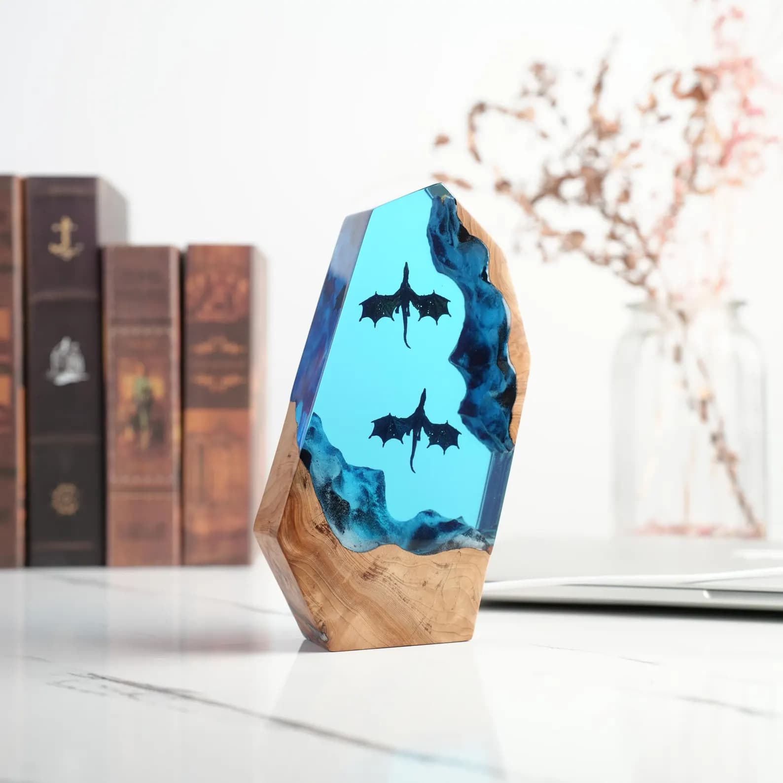Fire & Ice Dragon Resin Wood Lamp – Fantasy Dragon Night Light, Gamer Desk Decor, Unique Collector Gift 4
