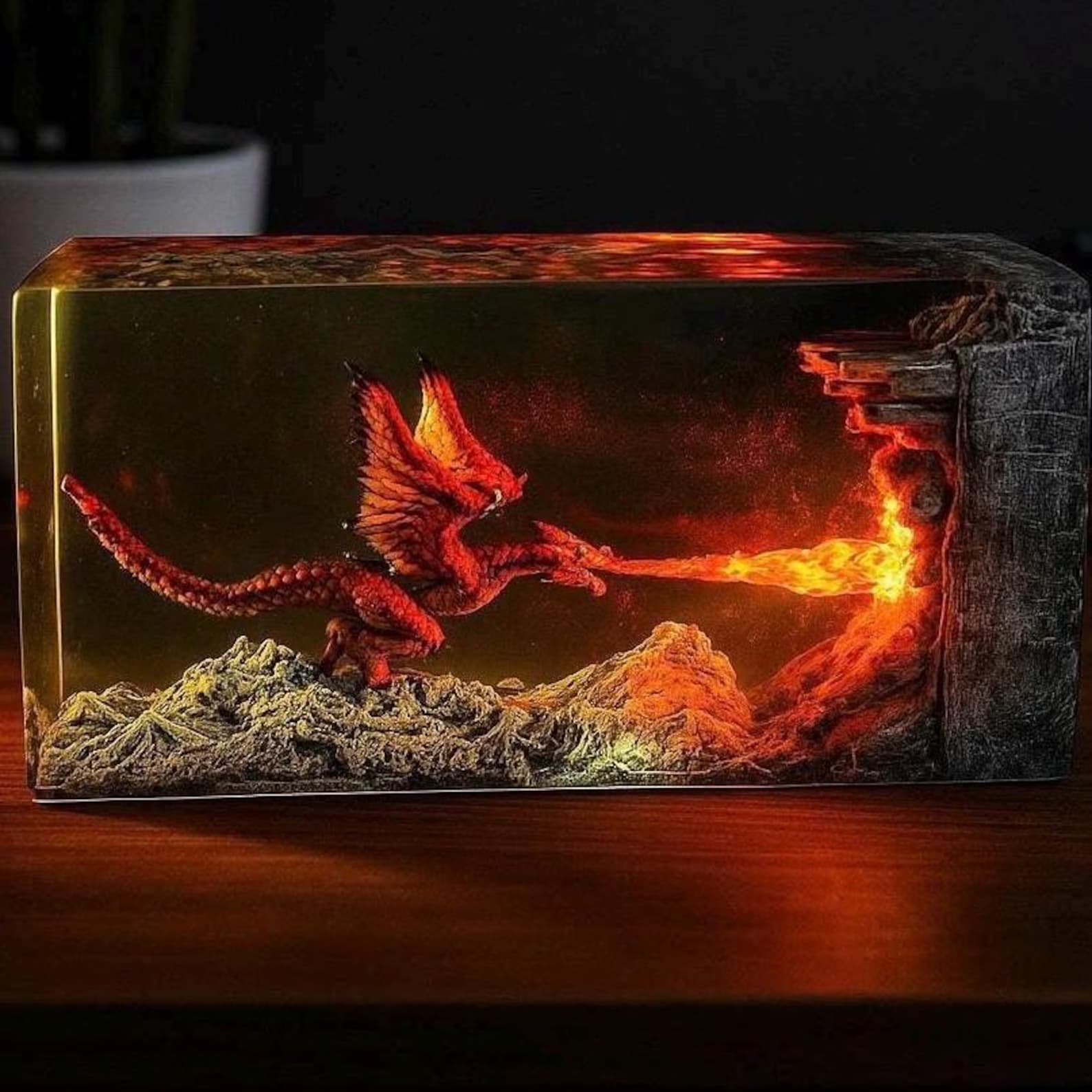 Fire Dragon Resin Lamp, Dragon Legend Diorama, Dragon figures, Best Dragon lamp unique night lamp, gifts for boyfriend, Dragon miniature 2