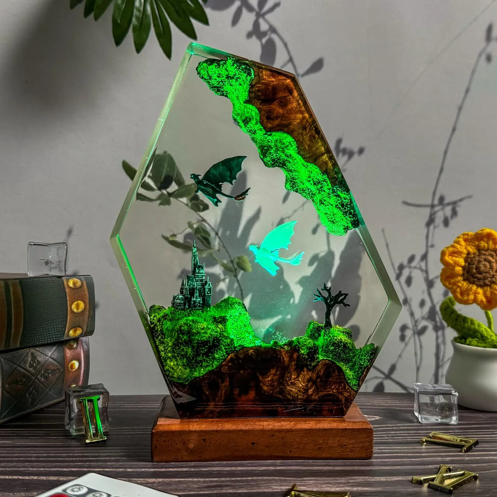 Fantasy Dragon Resin Lamp • LED Crystal Night Light with Castle & Flying Dragons • Handmade Art Decor 9
