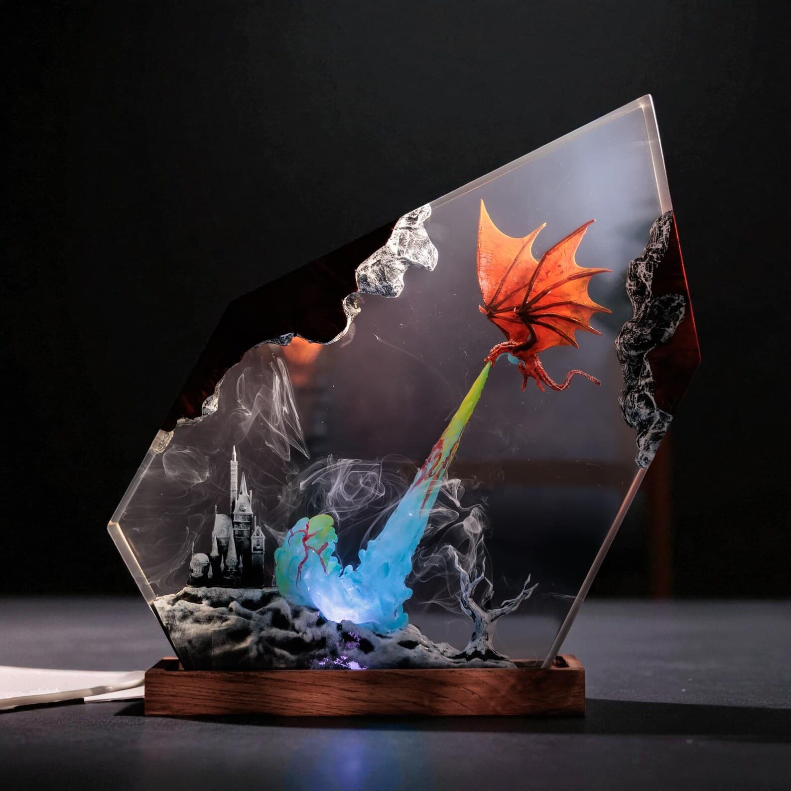Fantasy Dragon Resin Lamp, Custom Epoxy Night Light, Wood & Epoxy Art Lamp 4