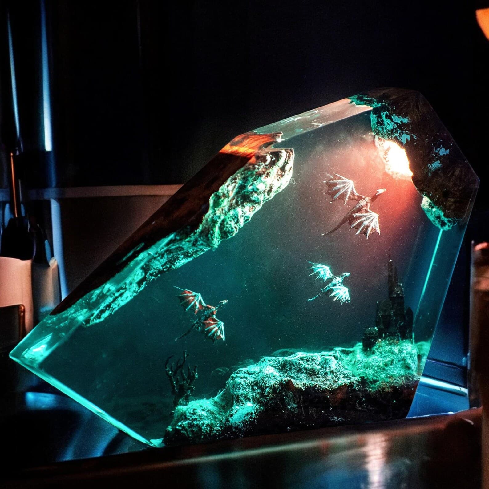 Handmade Dragon Lamp: 3D Resin Wood Fantasy Table Light 4