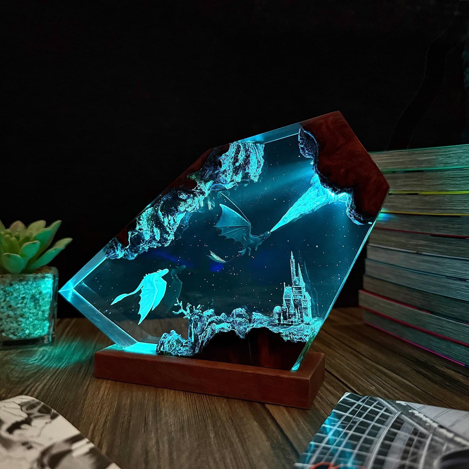 Tooth.less Dragon Resin Lamp, Fantasy Castle LED Night Light, Handmade Home Decor, Unique Gift, resin art, Housewarming Gifts Bedroom lamp 6