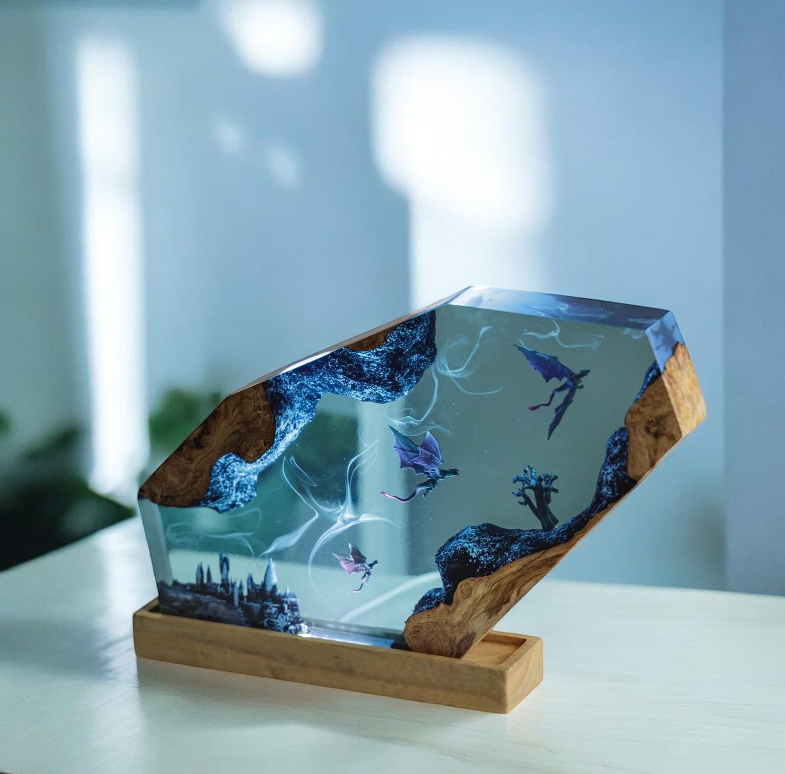 Handmade Dragon Resin Lamp: Asian Decor, Wood Base 1