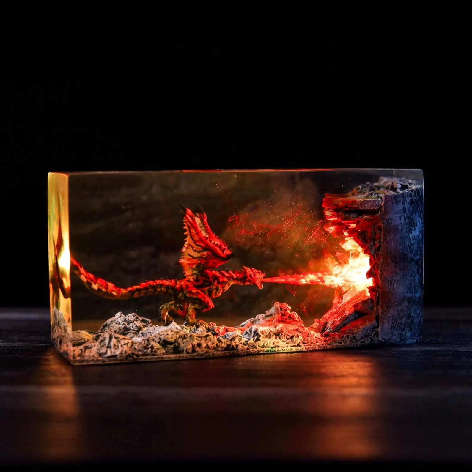 Fire Dragon Resin Lamp – Epoxy Wood Dragon Lamp | Handmade Fantasy Night Light | Dragon Figure Decor | Unique Gift for Gamers & Collectors 1