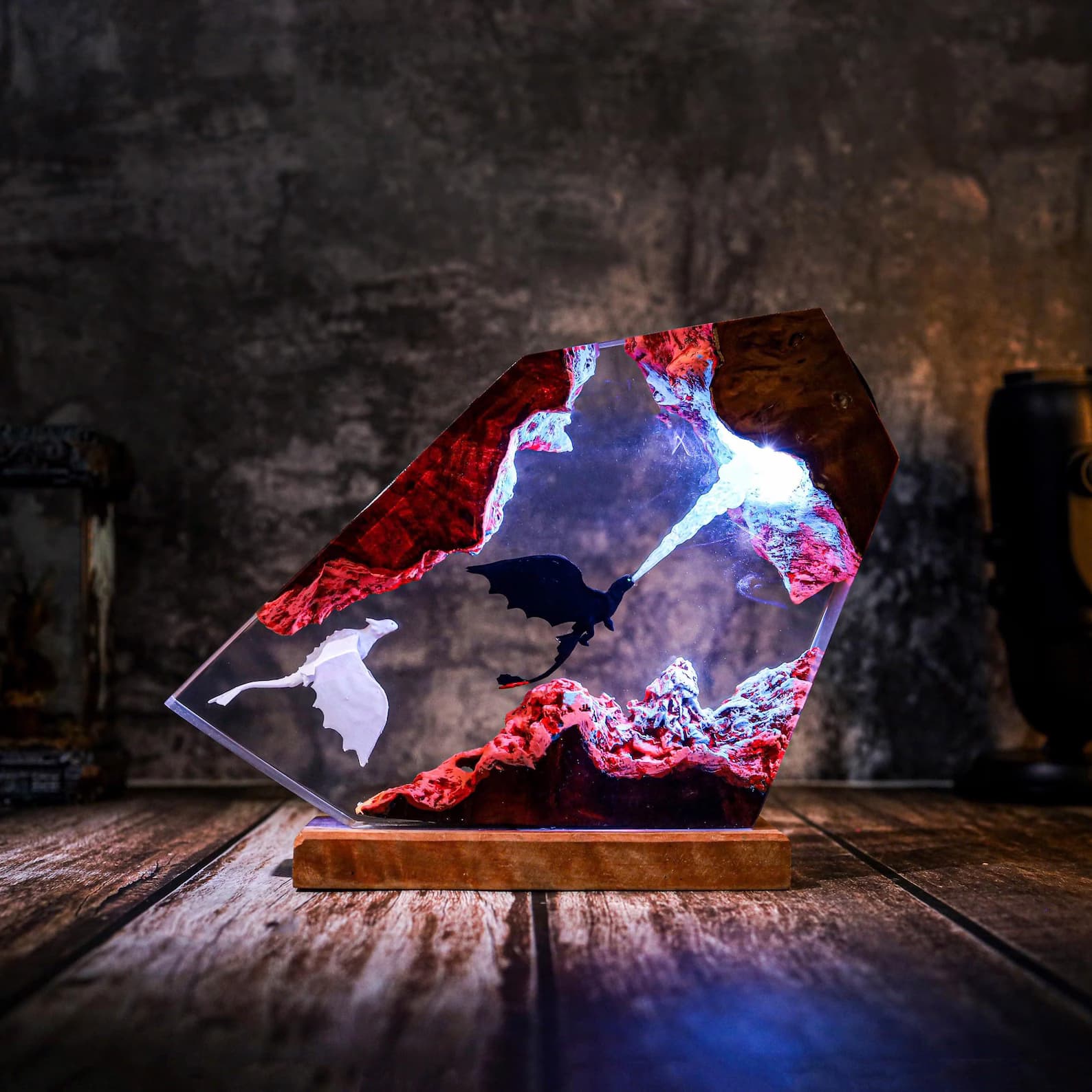 Blaze of the Night | Toothless & Light Fury Fantasy Lamp in Wood Resin epoxy Lamp Breath of the Night Fury Dragon Lamp httyd art 8