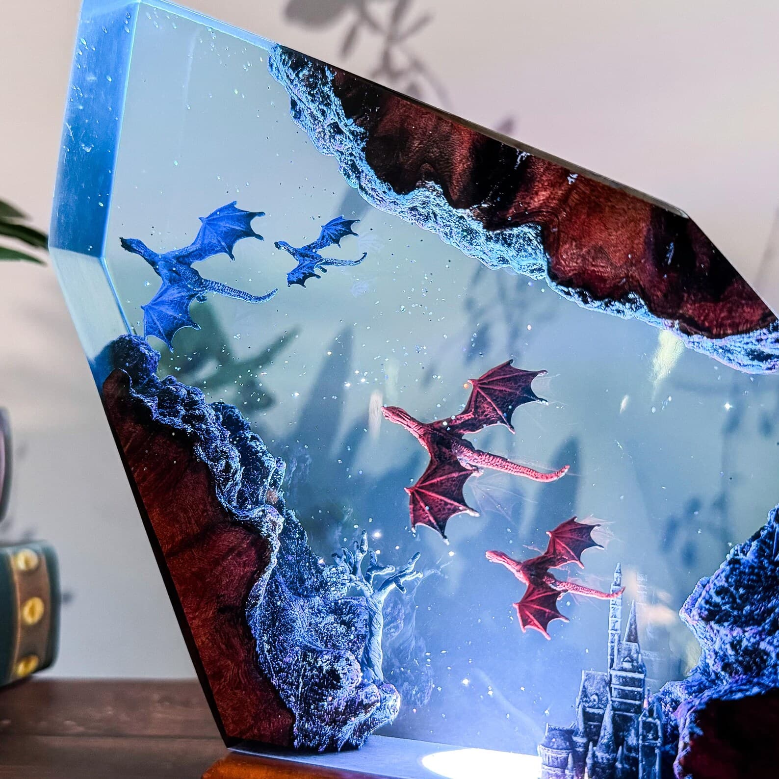 Handmade Fire & Ice Dragon Lamp : 3D Resin Wood Decor , Fantasy LED Light Gift 4