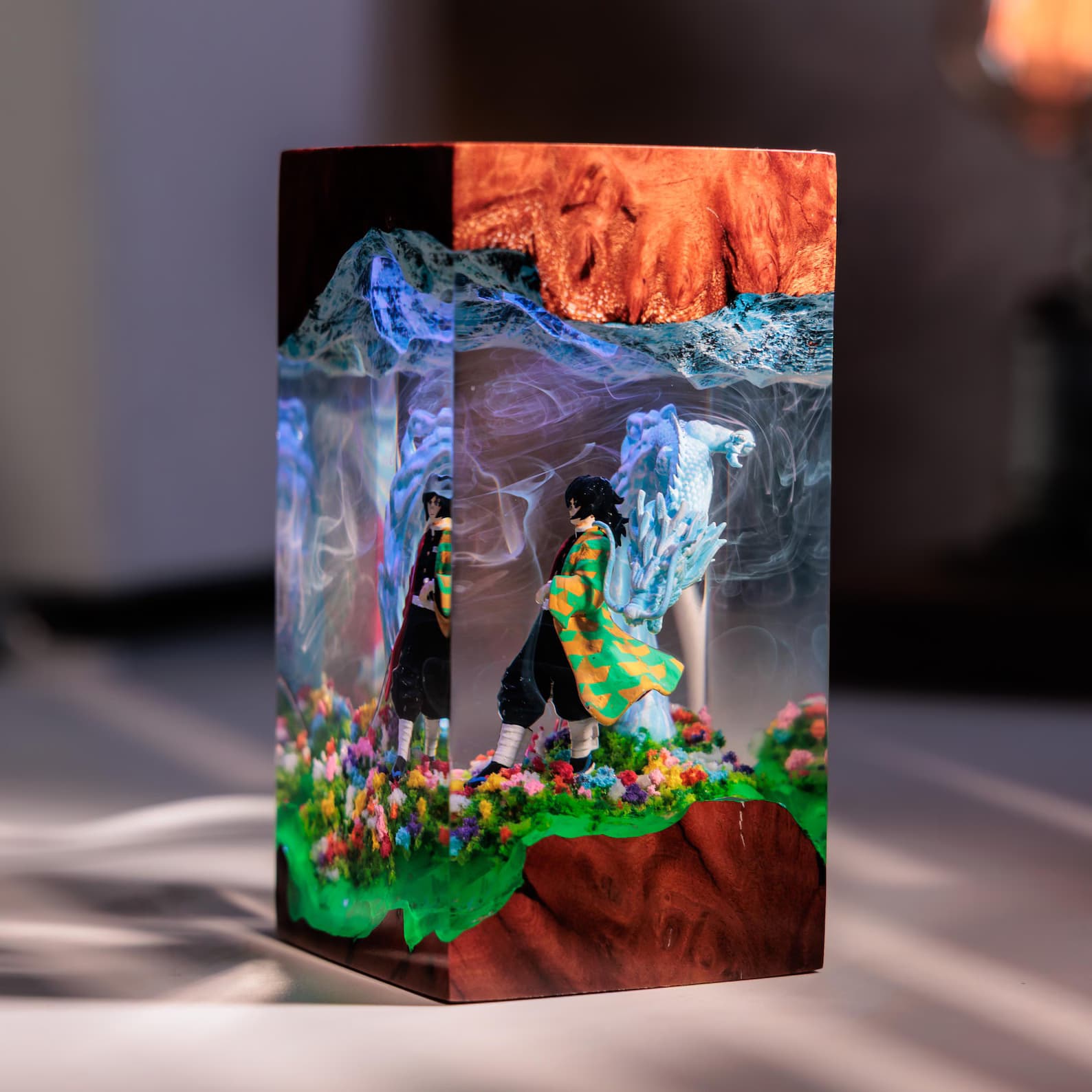 Handmade Anime Resin Diorama Lamp – Dragon and Swordsman Decorative Art Light, Custom Night Light, Table Lamp, Gift for Him, Christmas Gifts 6