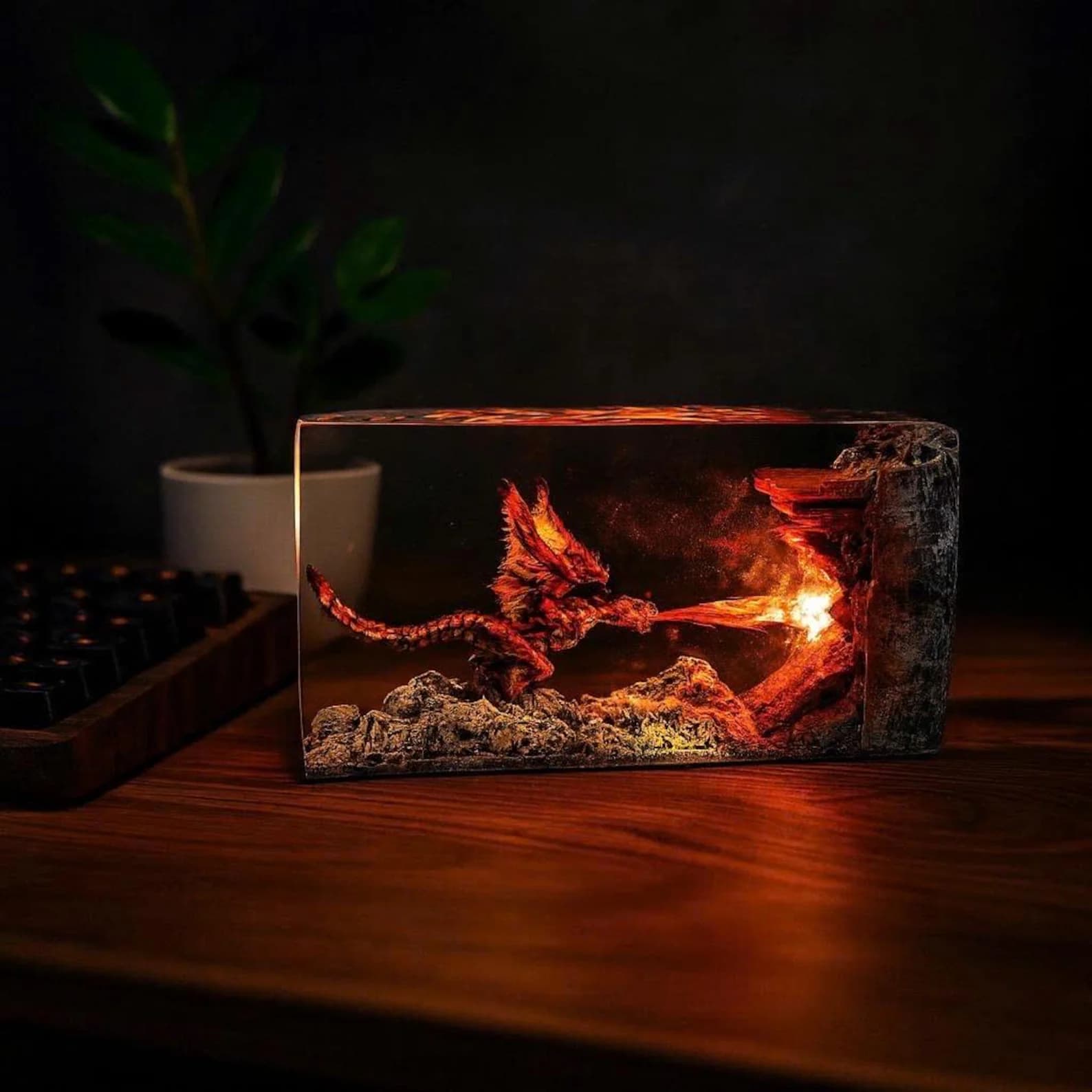 Fire Dragon Resin Lamp, Dragon Legend Diorama, Dragon figures, Best Dragon lamp unique night lamp, gifts for boyfriend, Dragon miniature 7