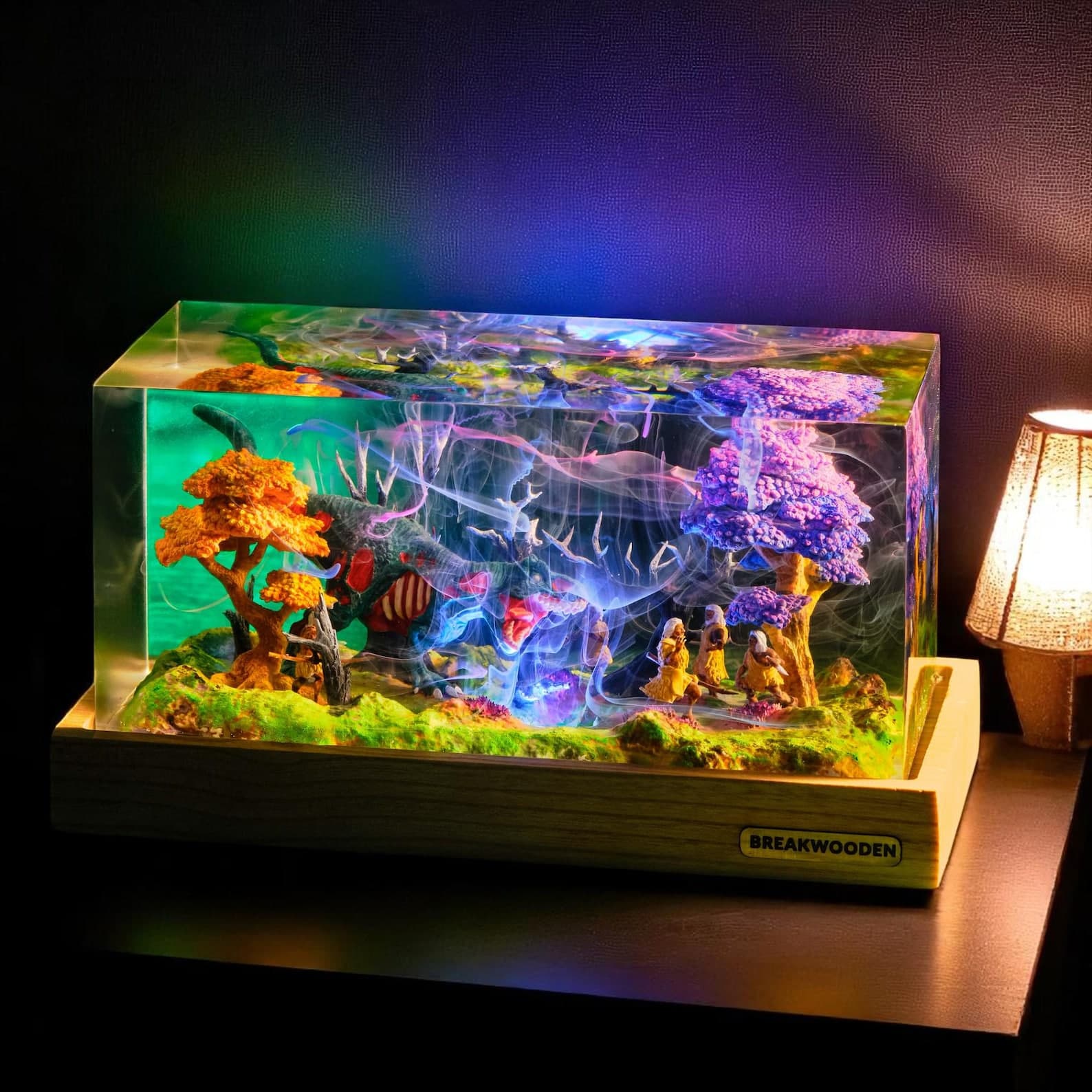 Fantasy Dinosaur Diorama LED Light, Resin Terrarium Night Lamp, Dragon Jungle Scene, DnD Decor, Geek Gift, Unique Handmade Light 3