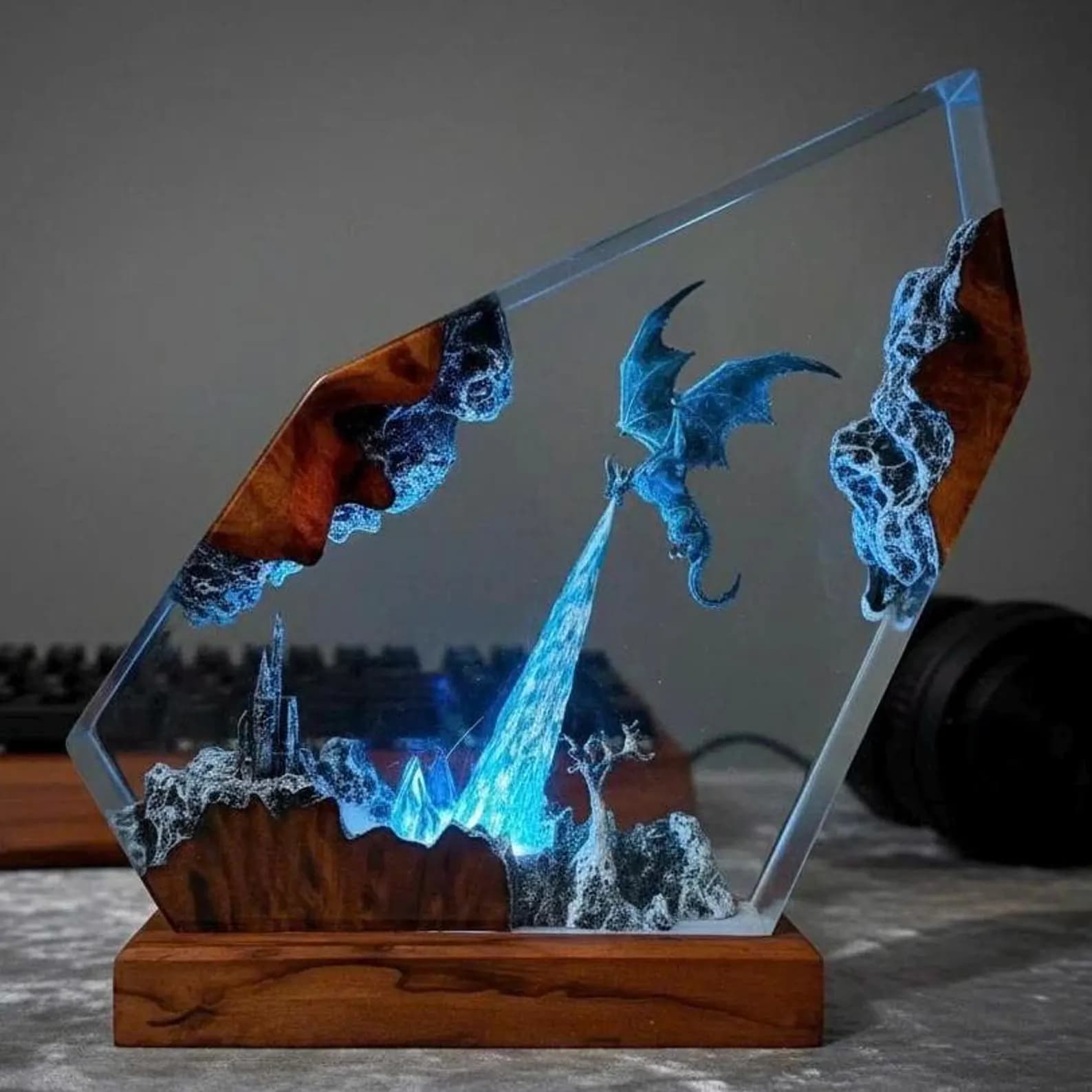 Diorama Ice-Dragon Resin Lamp,Handmade Fantasy Night Light, Dragon Statue, Halloween gift, Gift For him, Birthday Gift Idea, Gaming Decor 4