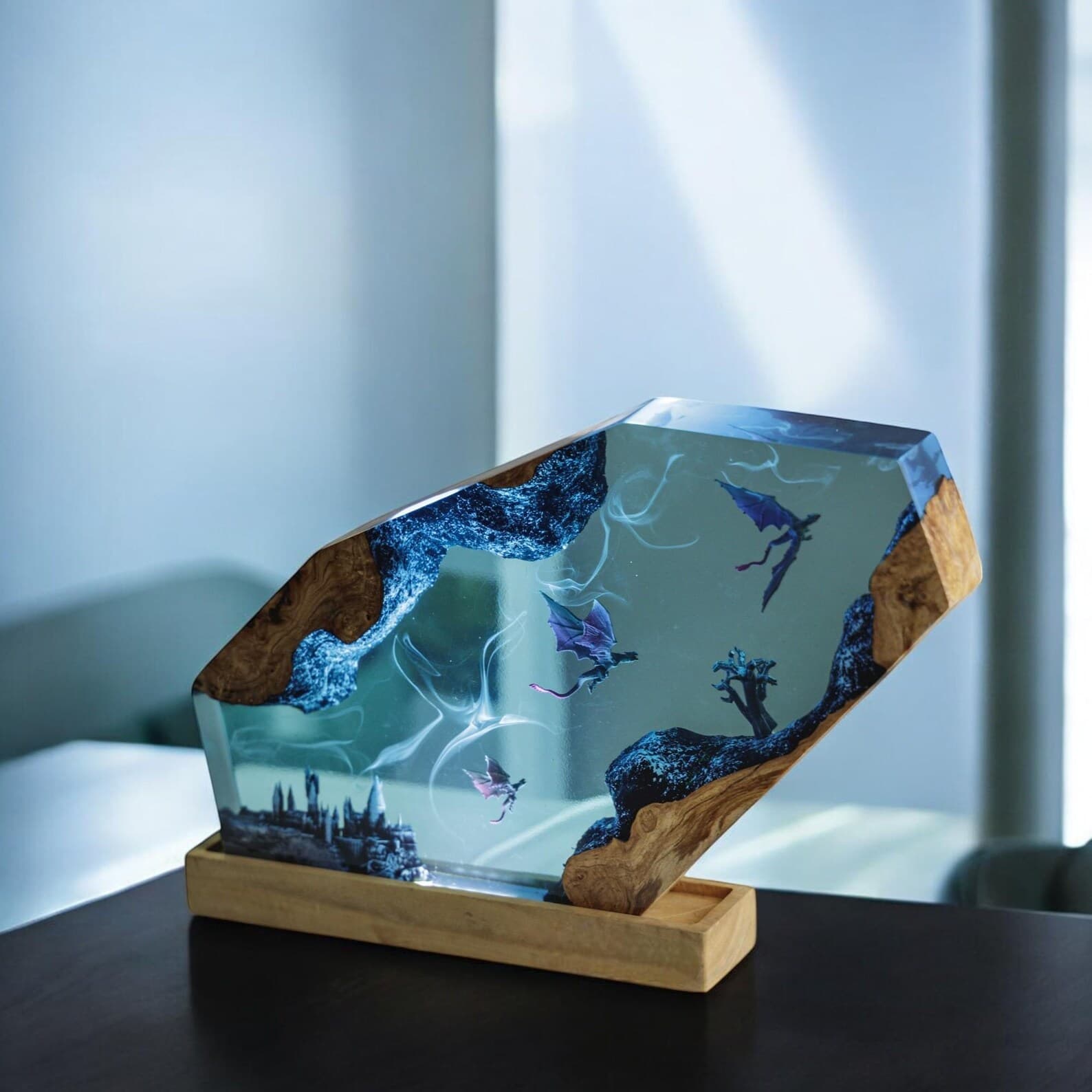 Handmade Dragon Resin Lamp: Asian Decor, Wood Base 5