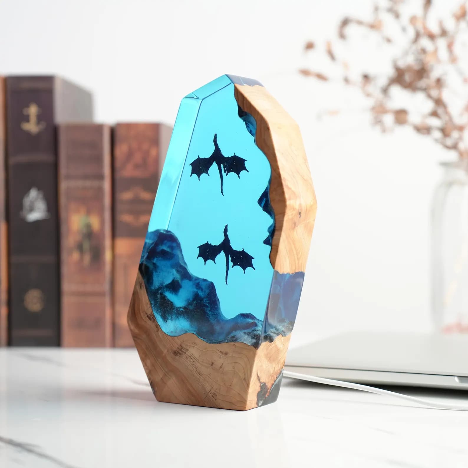 Fire & Ice Dragon Resin Wood Lamp – Fantasy Dragon Night Light, Gamer Desk Decor, Unique Collector Gift 8