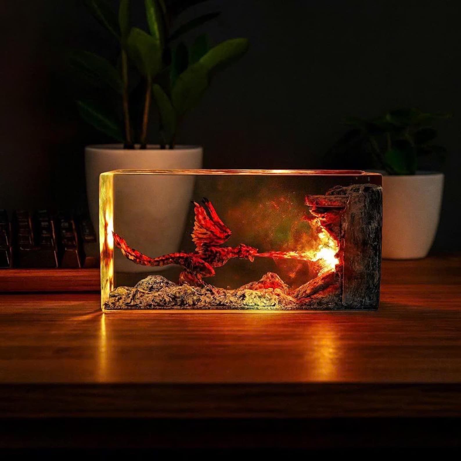 Fire Dragon Resin Lamp, Dragon Legend Diorama, Dragon figures, Best Dragon lamp unique night lamp, gifts for boyfriend, Dragon miniature 1