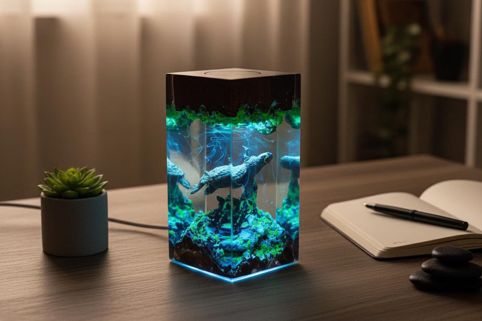 Dragon Sculpture Night Light, Handcrafted Epoxy Resin & Wood Diorama, Unique Geek Gift, Mythological Creature Art Lamp 3