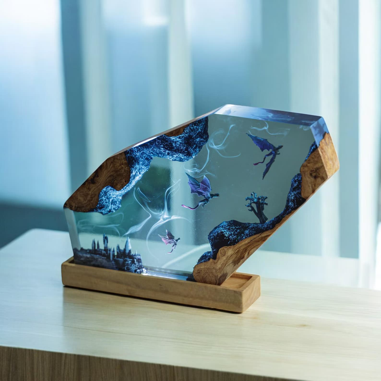 Handmade Dragon Resin Lamp: Asian Decor, Wood Base 9