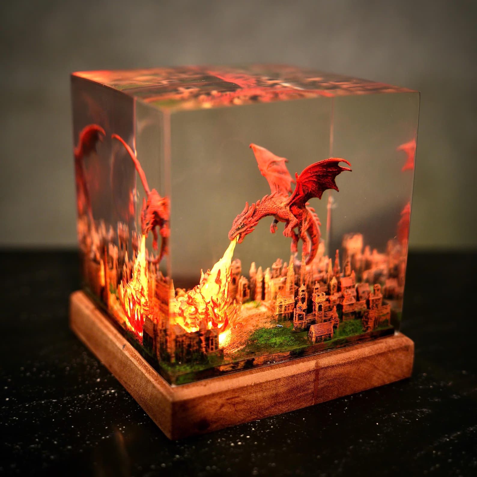 Dragon Breathing Fire on City, Fantasy Dragon Lamp – Resin & Wood Night Light – Fire Dragon Attacking City Gift for him 2