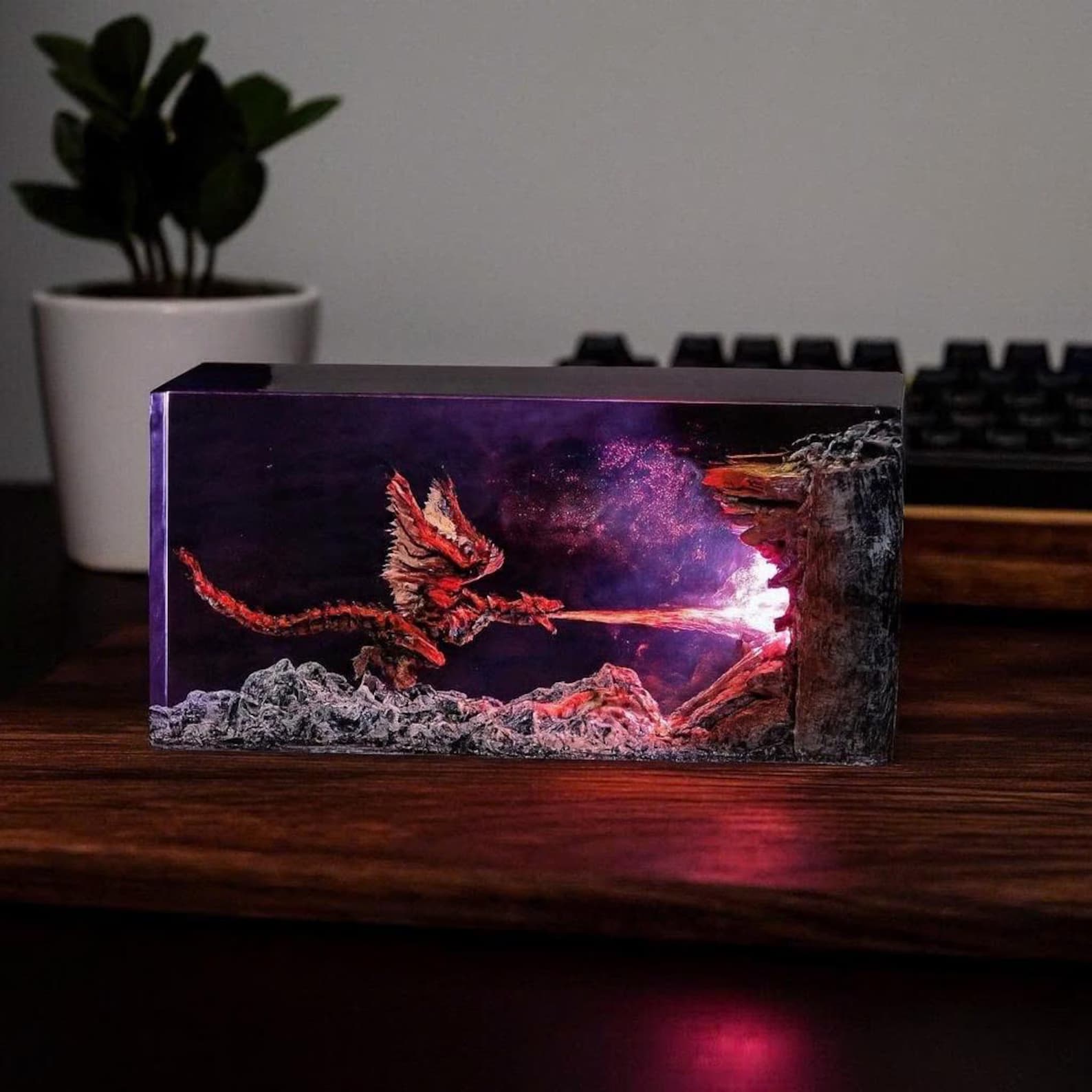 Fire Dragon Resin Lamp, Dragon Legend Diorama, Dragon figures, Best Dragon lamp unique night lamp, gifts for boyfriend, Dragon miniature 3