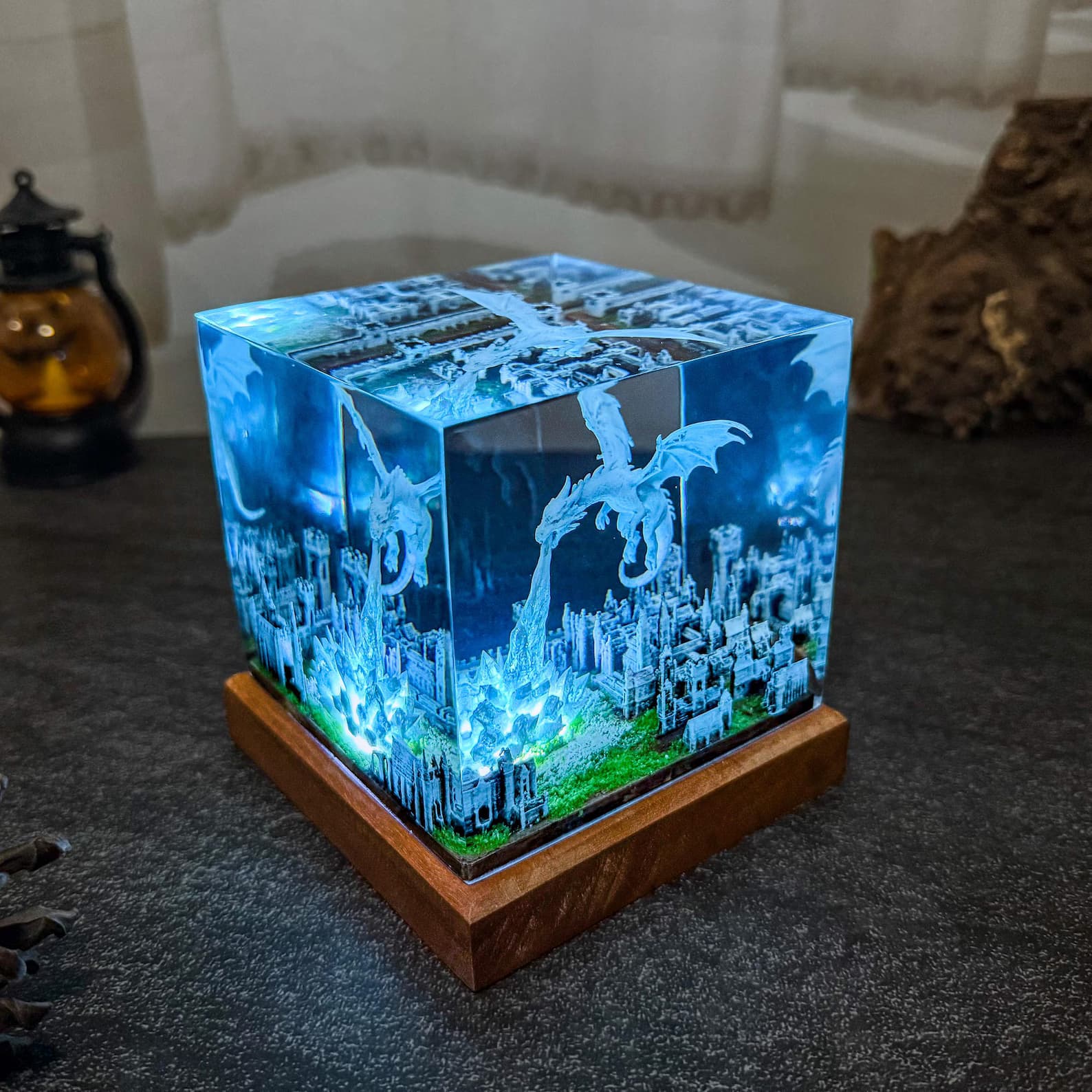 Dragon Ice resin epoxy lamp, 3D ice breath dragon epoxy night light, handmade table lamp, home decor, Gift for him, father, unique gift. 1