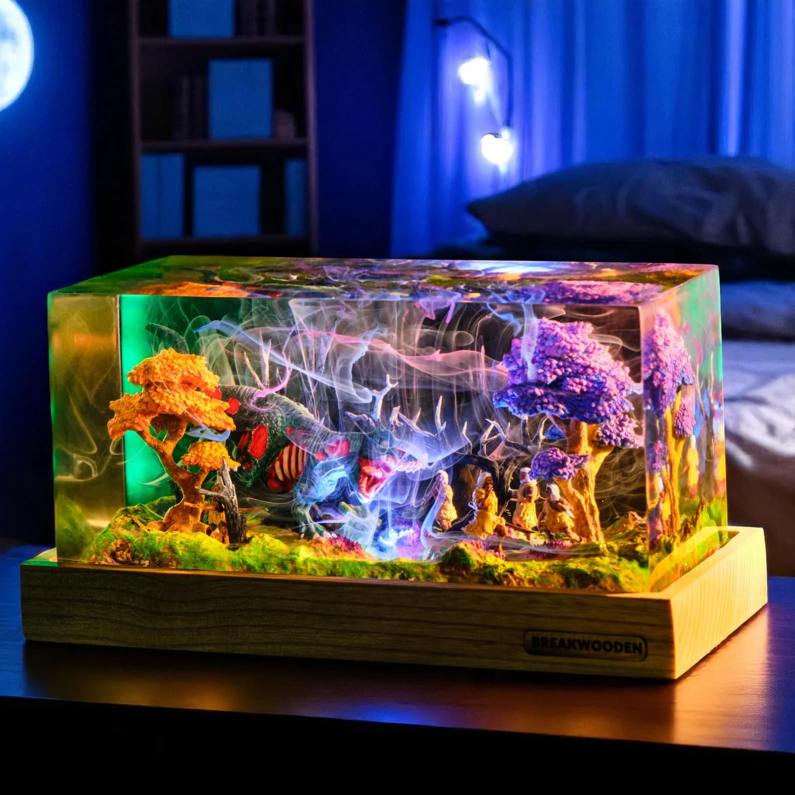Fantasy Dinosaur Diorama LED Light, Resin Terrarium Night Lamp, Dragon Jungle Scene, DnD Decor, Geek Gift, Unique Handmade Light 8