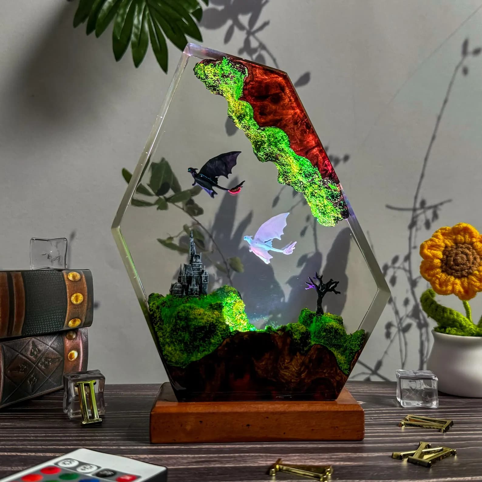 Fantasy Dragon Resin Lamp • LED Crystal Night Light with Castle & Flying Dragons • Handmade Art Decor 3