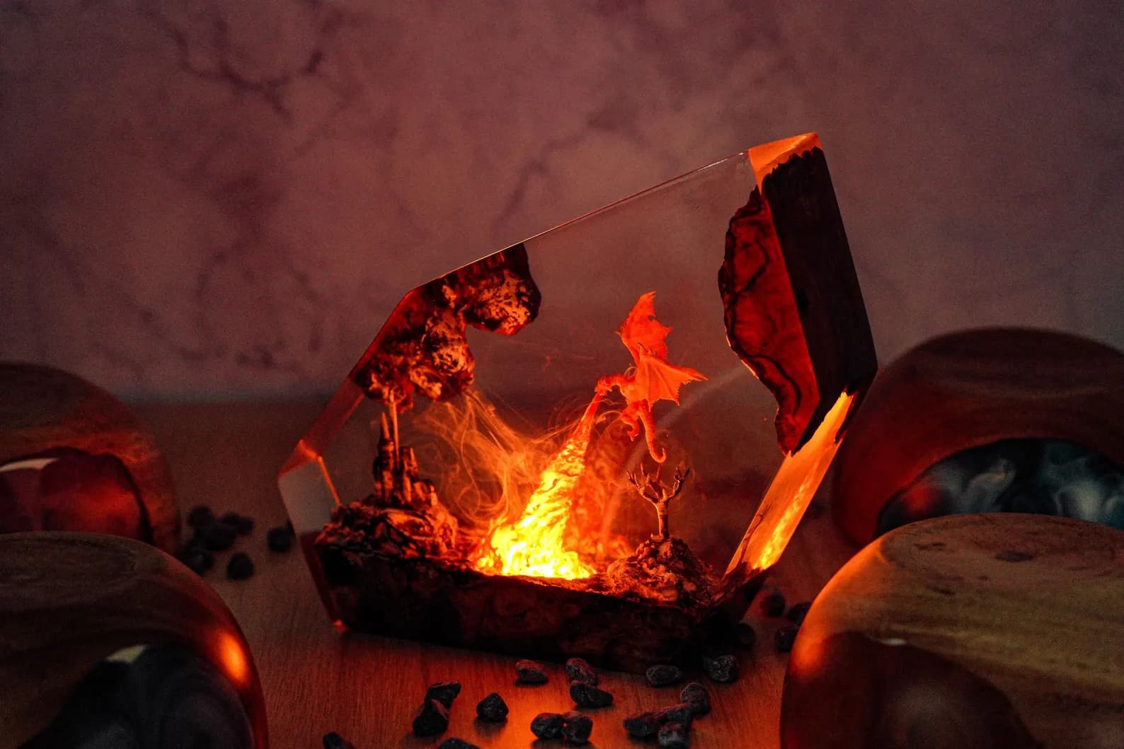 PREMIUM Fire Dragon Resin Lamp, Handmade Fantasy Diorama Light with LED Flames, Dragon Gift for RPG Fantasy Fans, Unique Xmas Gift For Kid 7