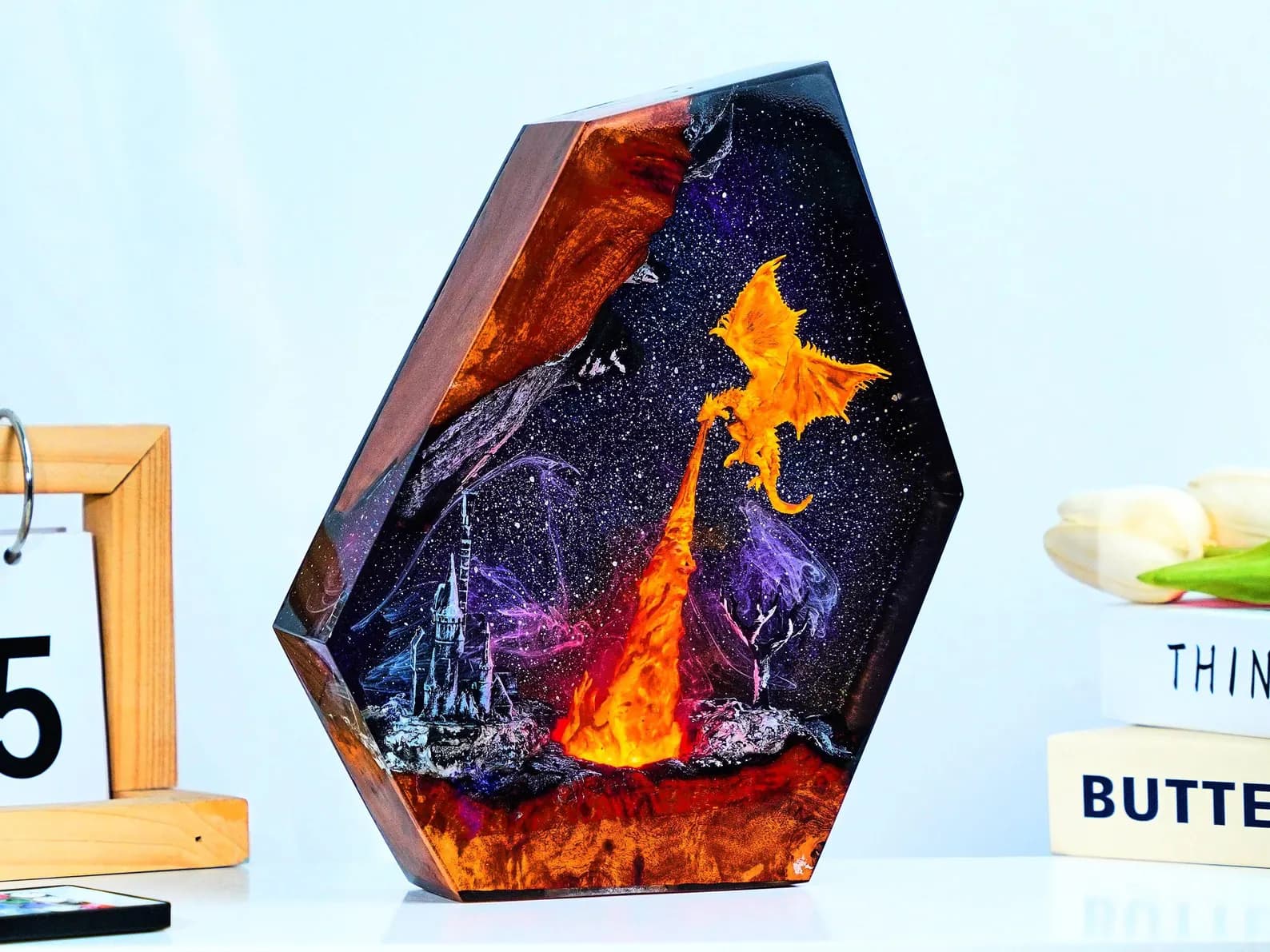 Fire Dragon Resin Lamp, Dragon Diorama Epoxy Lamp, Gothic Lamp, Dragon Night Light, Dragon Resin Desk Lamp, Gaming Decor christmas gift 5