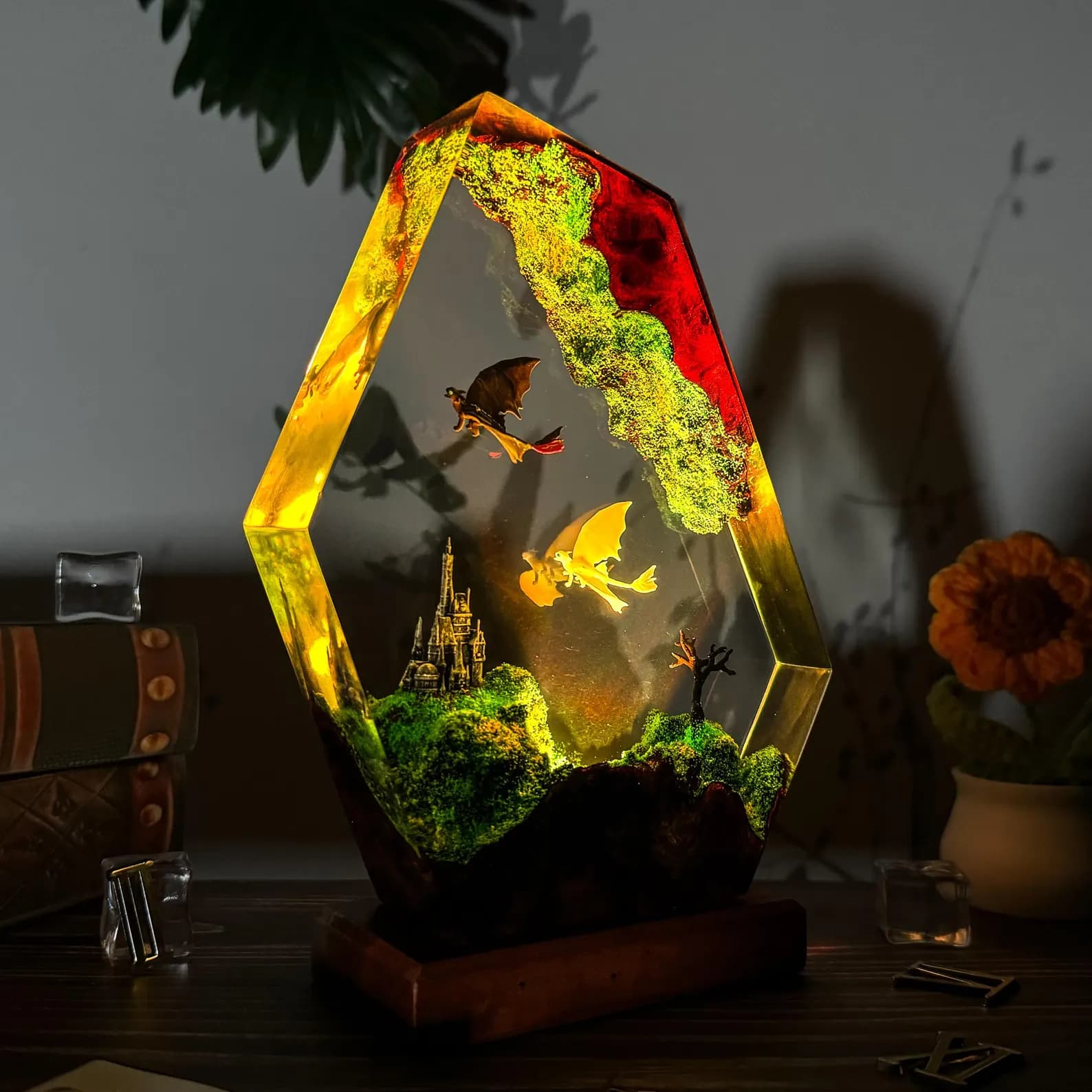Fantasy Dragon Resin Lamp • LED Crystal Night Light with Castle & Flying Dragons • Handmade Art Decor 6