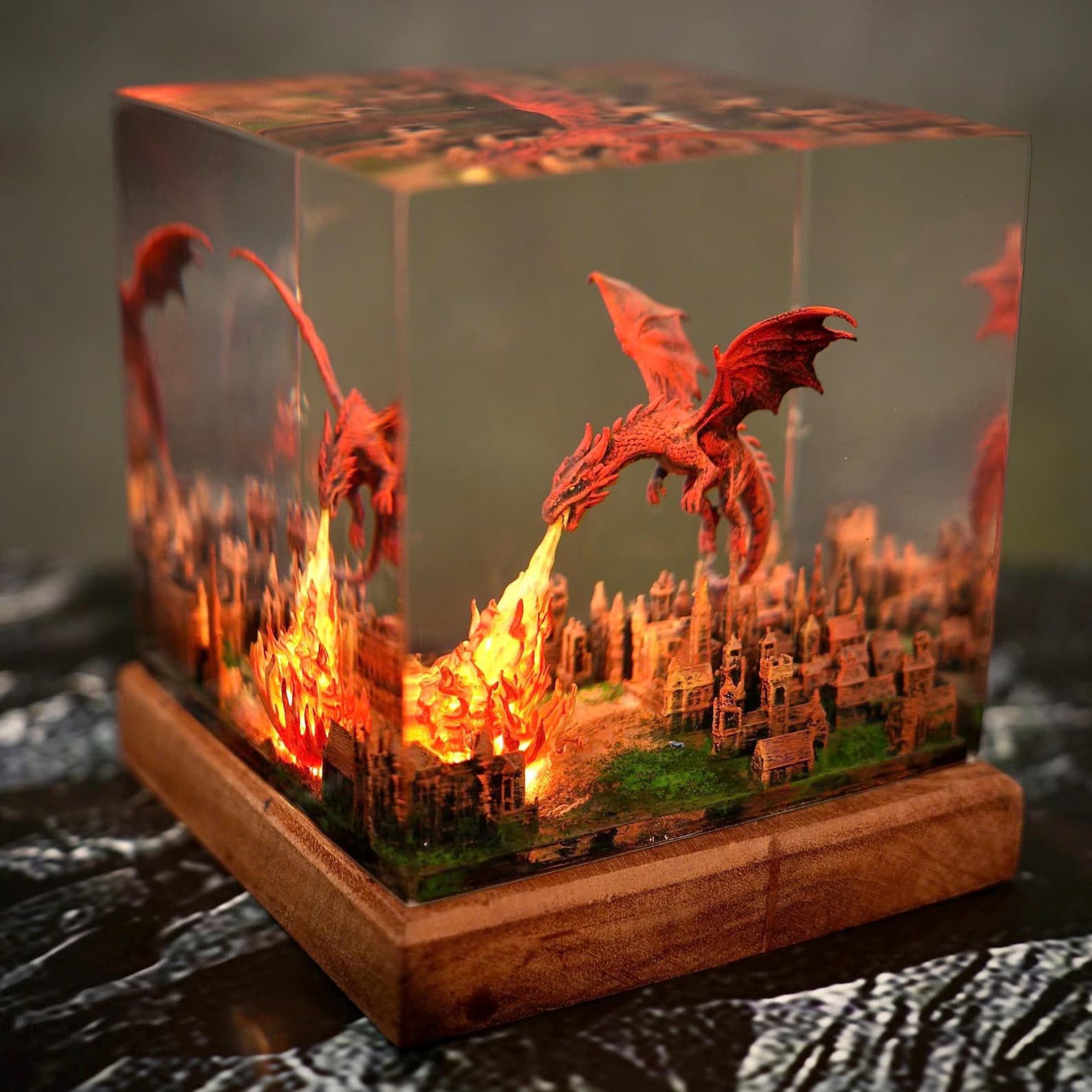 Dragon Breathing Fire on City, Fantasy Dragon Lamp – Resin & Wood Night Light – Fire Dragon Attacking City Gift for him 11
