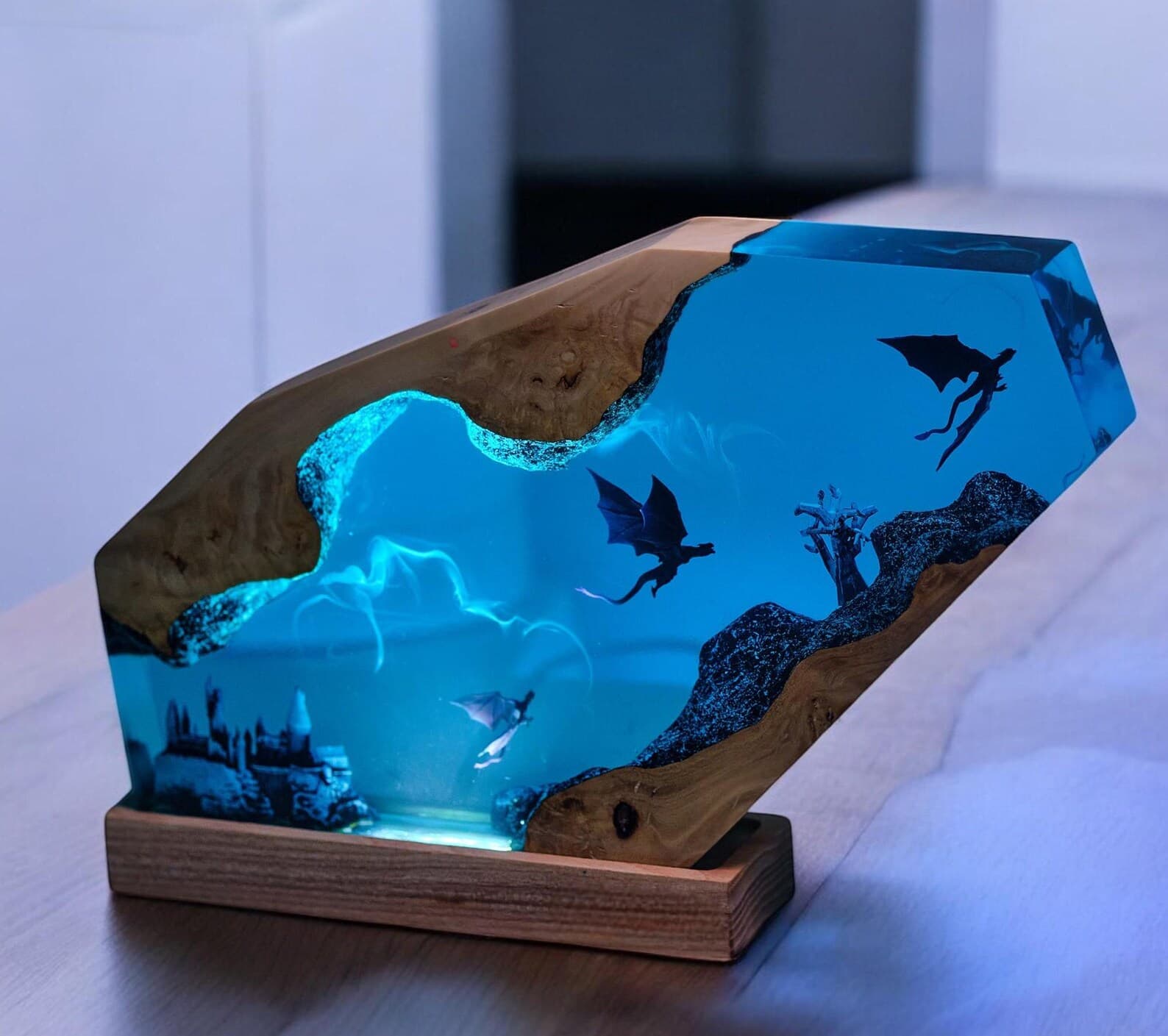 Handmade Dragon Resin Lamp: Asian Decor, Wood Base 6