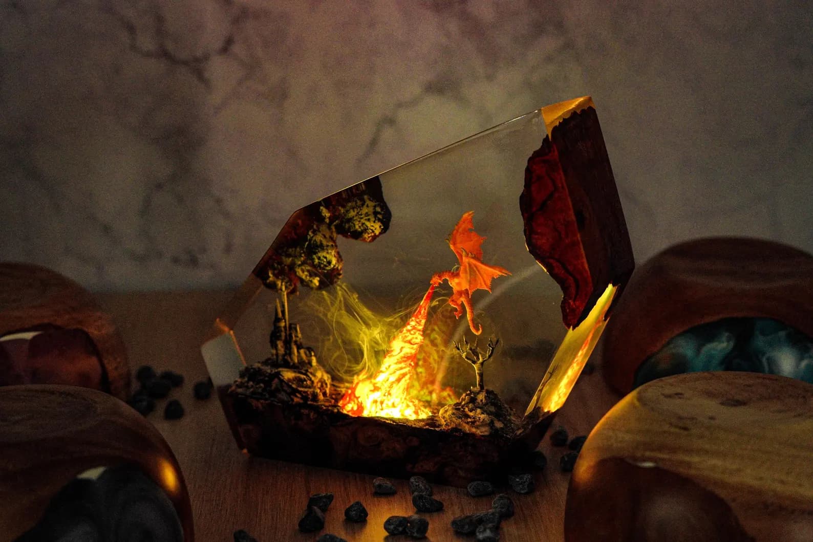 PREMIUM Fire Dragon Resin Lamp, Handmade Fantasy Diorama Light with LED Flames, Dragon Gift for RPG Fantasy Fans, Unique Xmas Gift For Kid 4