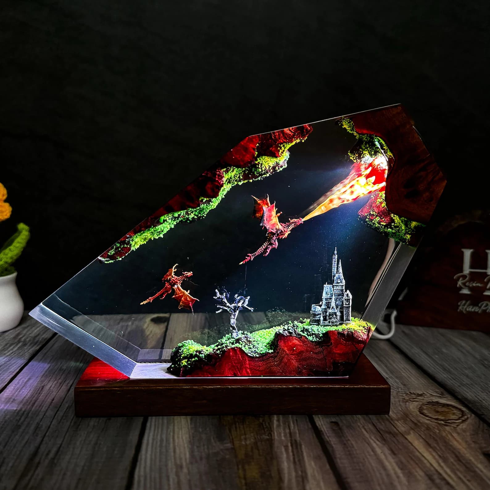 Fire Dragon Resin Lamp – Fantasy Diorama LED Art, Dragon Night Light Decor, Magical Resin Display Gift 3