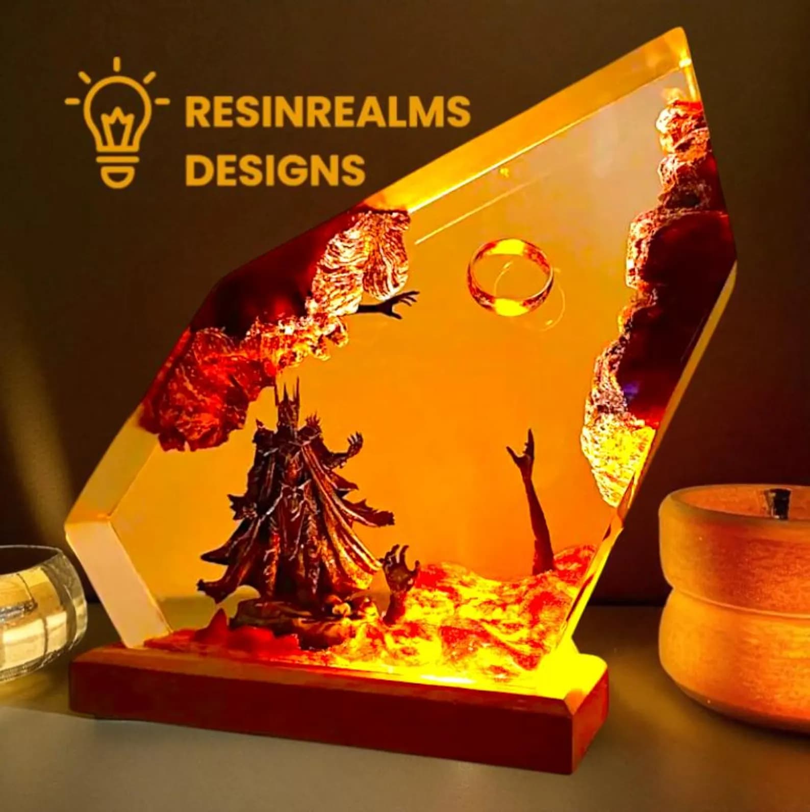 Handcrafted Resin Fantasy Lamp with LED Light, Dark Lord and Ring Scene 4